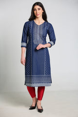 Denim Printed with Embroidered Tabla Both side bottom Panel Round Neck Kurta
