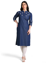 Denim Printed Butta with dotted print Mandarine Collar Kurta