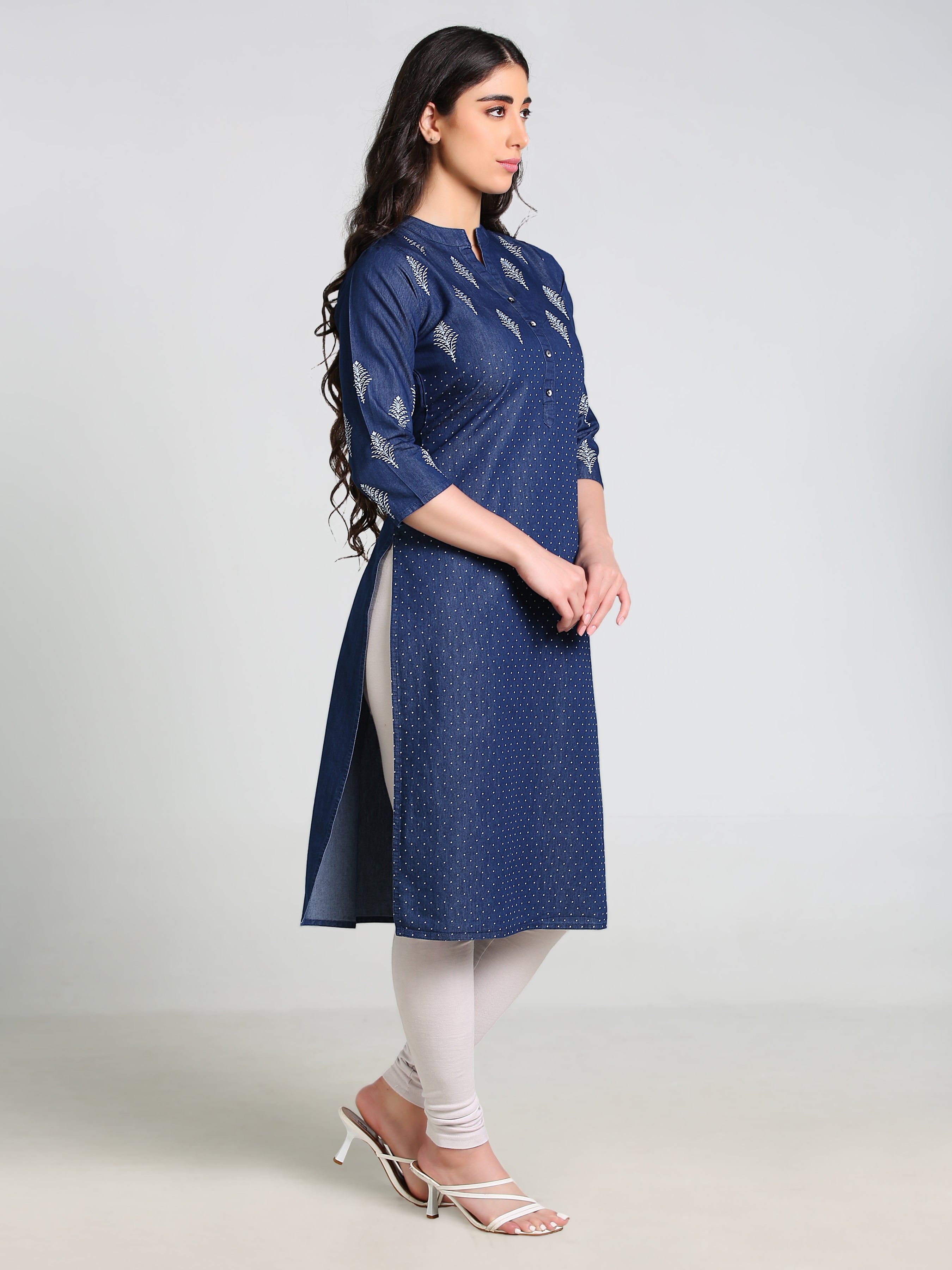 Denim Printed Butta with dotted print Mandarine Collar Kurta