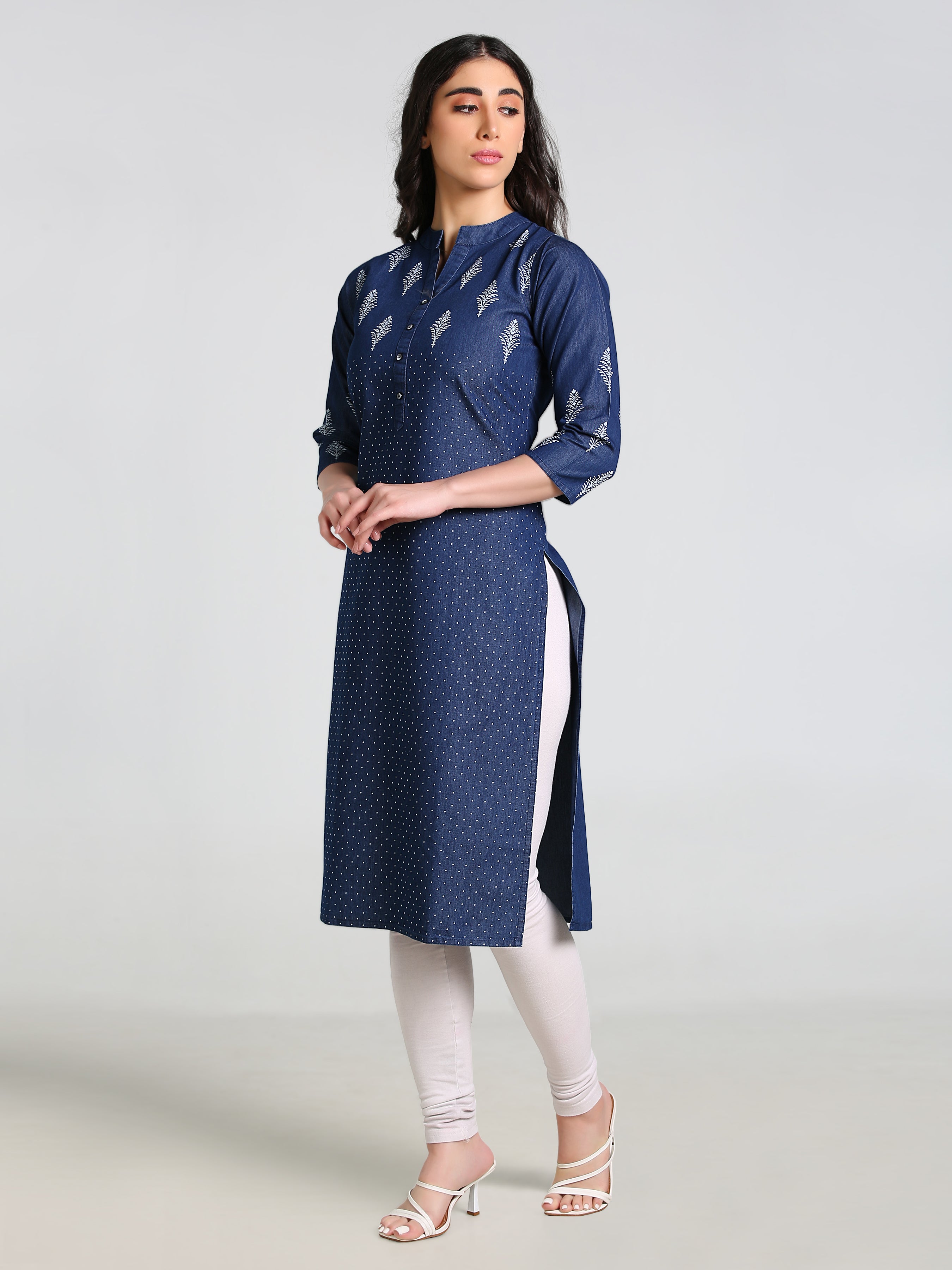 Denim Printed Butta with dotted print Mandarine Collar Kurta