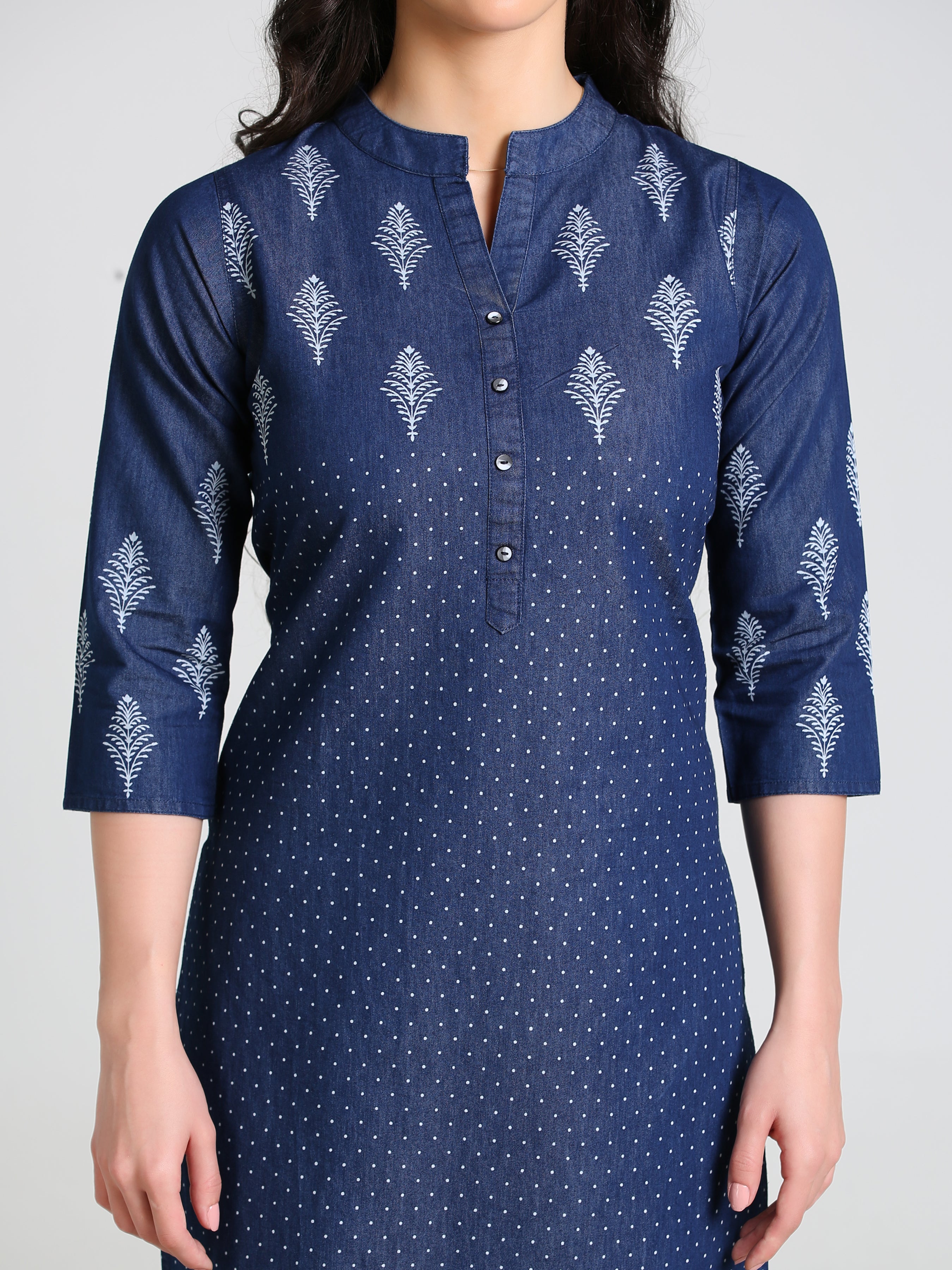 Denim Printed Butta with dotted print Mandarine Collar Kurta