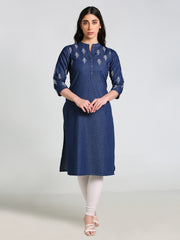 Denim Printed Butta with dotted print Mandarine Collar Kurta