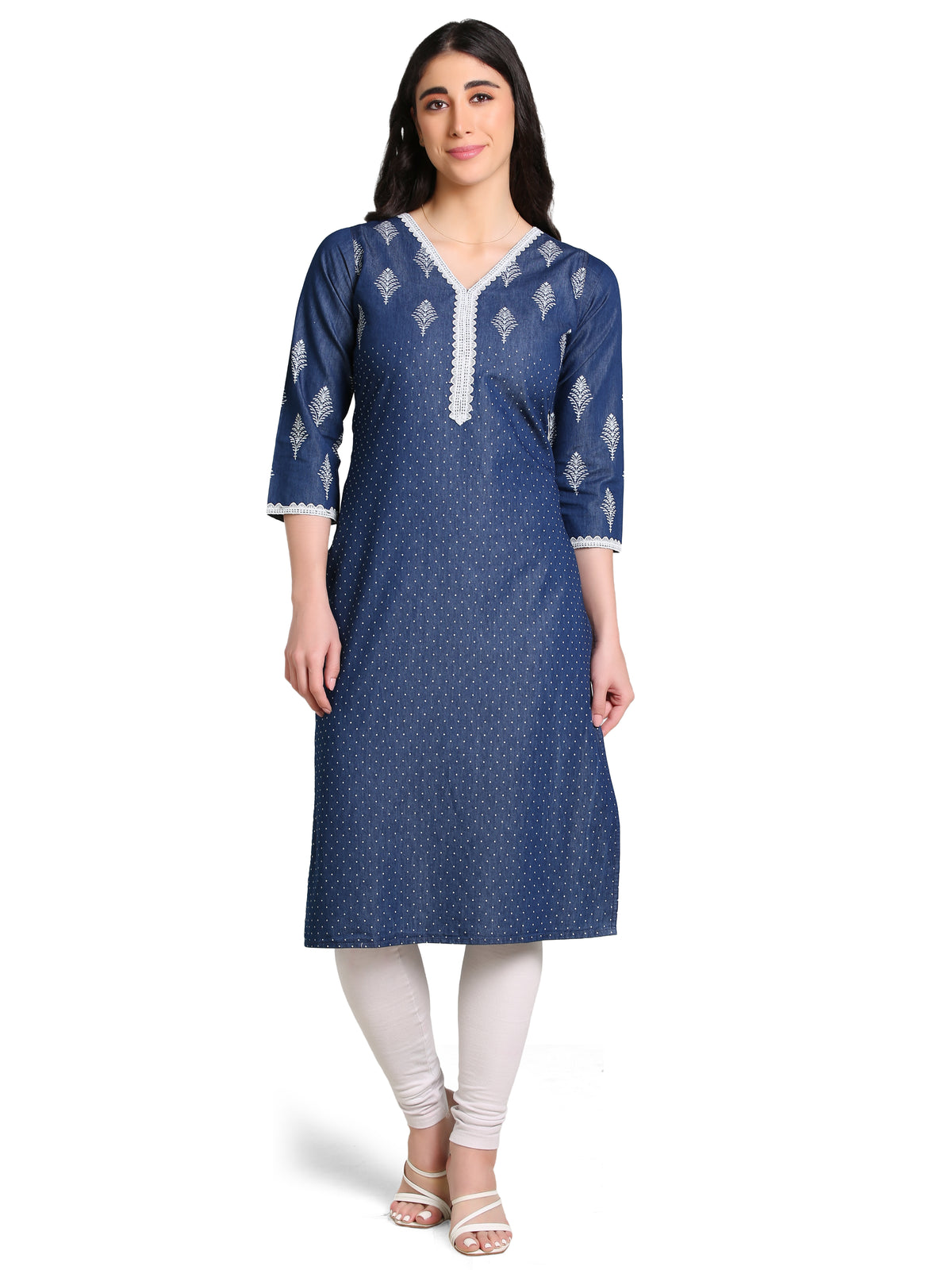 Denim Printed Butta with dotted print Lace Neck Sleeve bottom V Neck Kurta