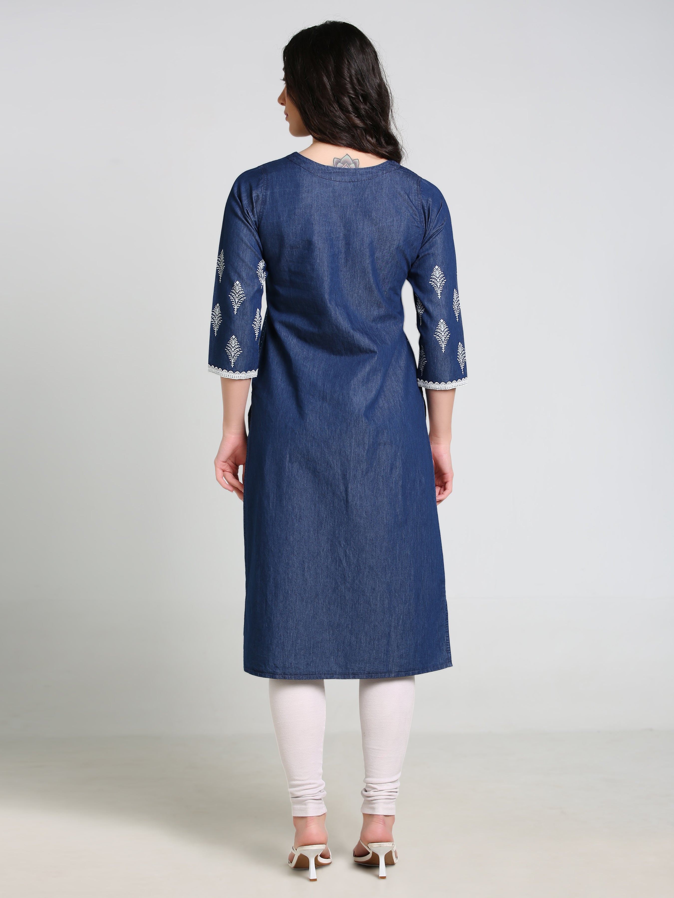 Denim Printed Butta with dotted print Lace Neck Sleeve bottom V Neck Kurta