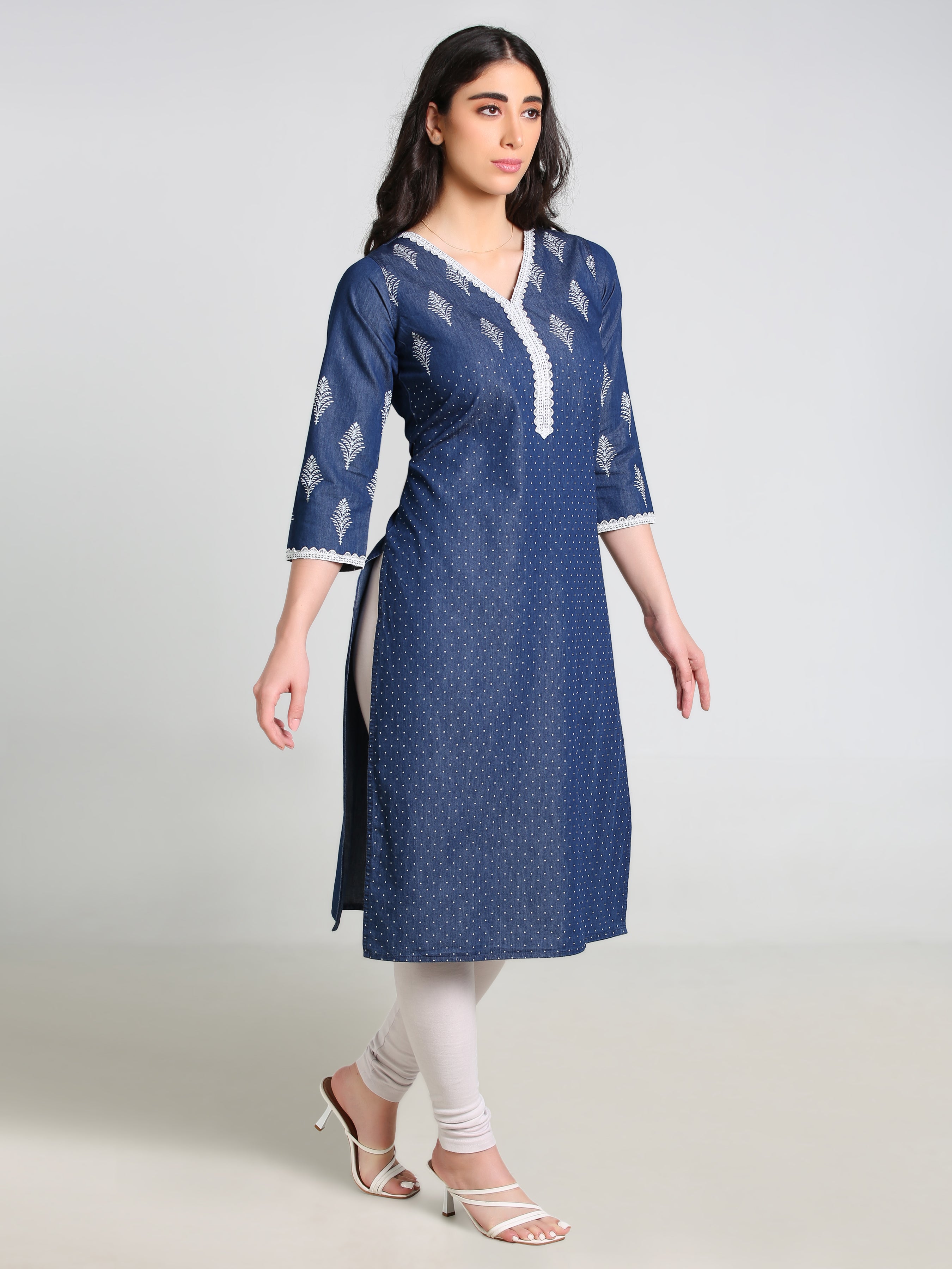 Denim Printed Butta with dotted print Lace Neck Sleeve bottom V Neck Kurta