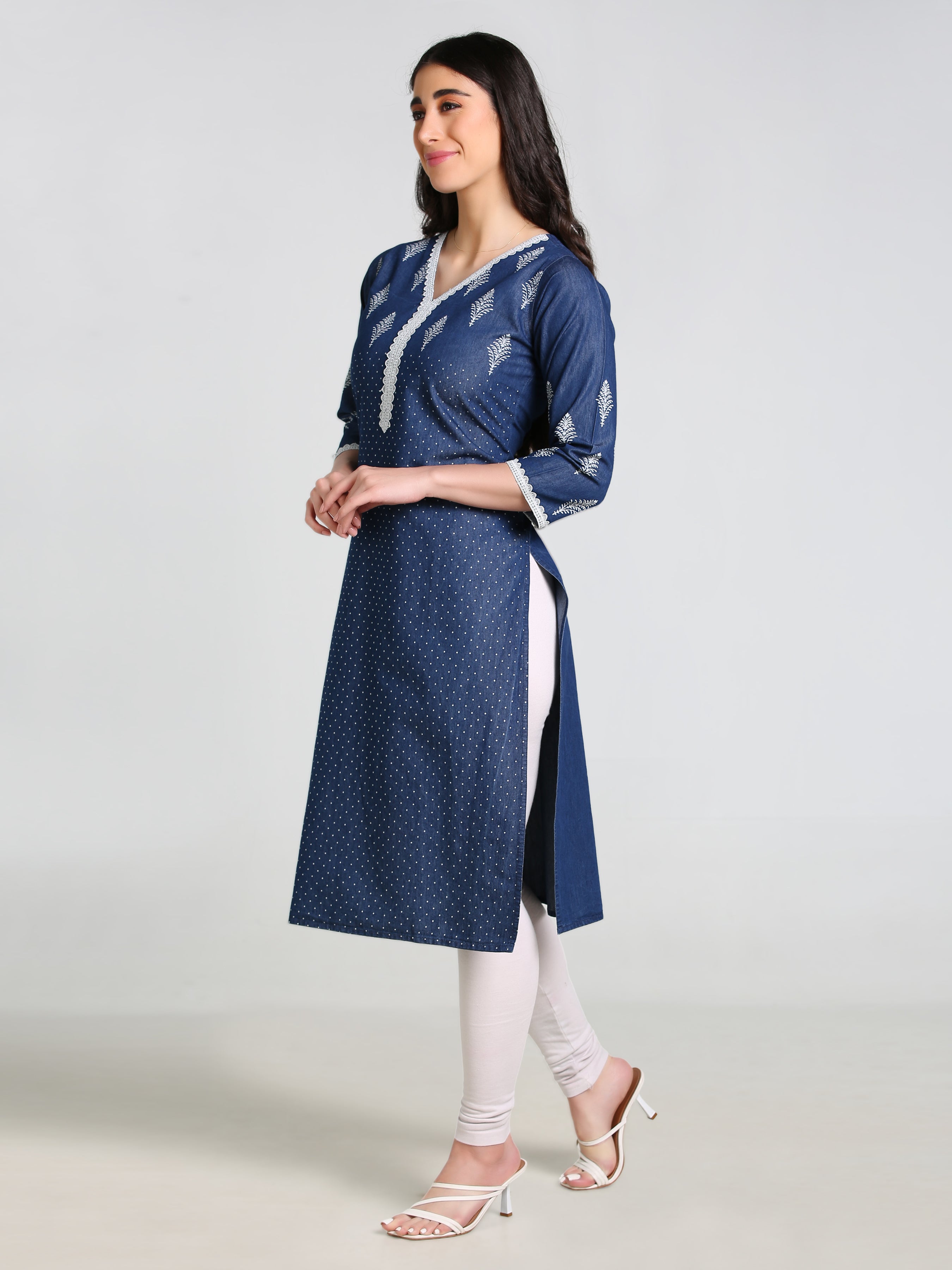 Denim Printed Butta with dotted print Lace Neck Sleeve bottom V Neck Kurta