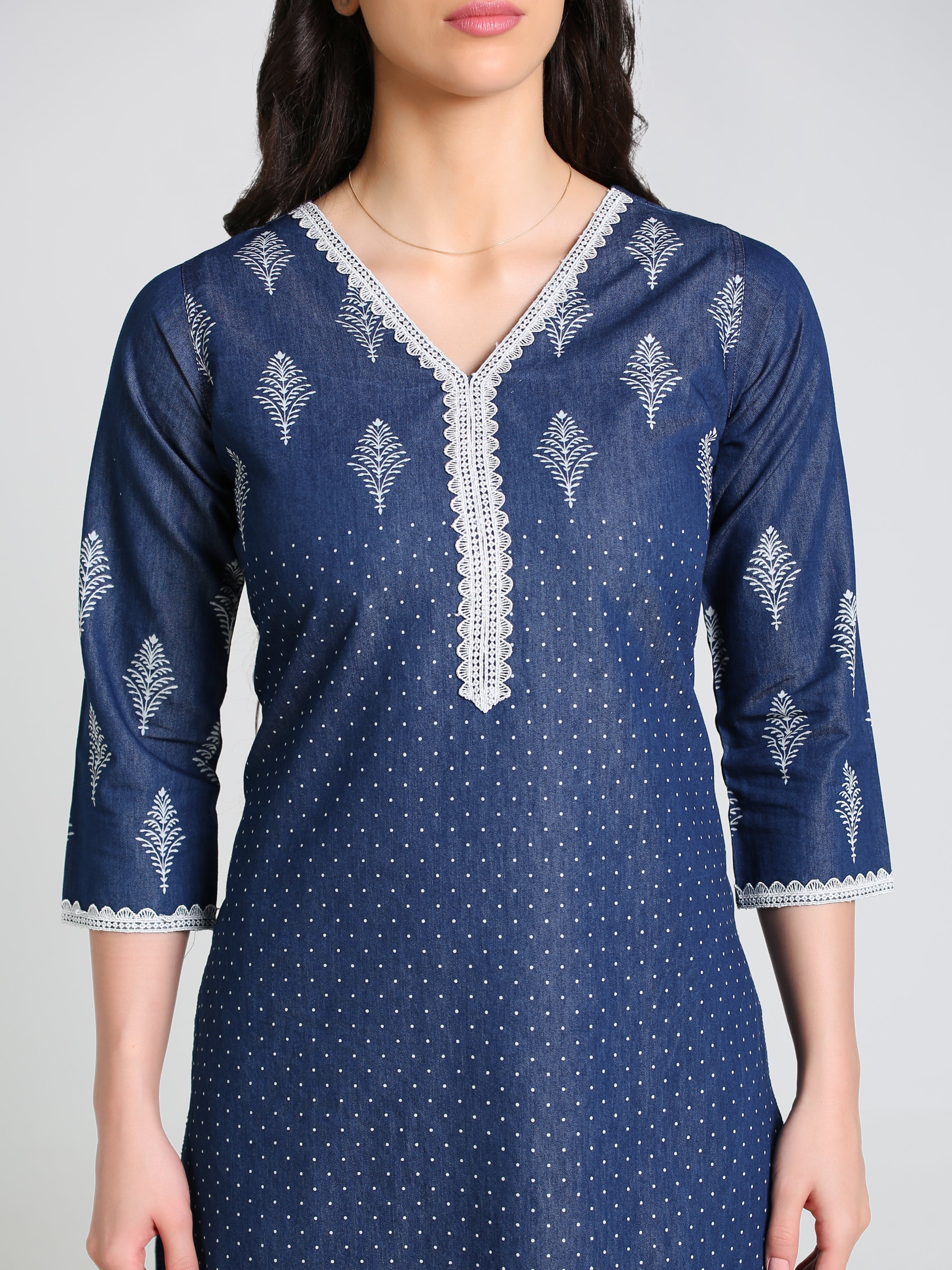 Denim Printed Butta with dotted print Lace Neck Sleeve bottom V Neck Kurta