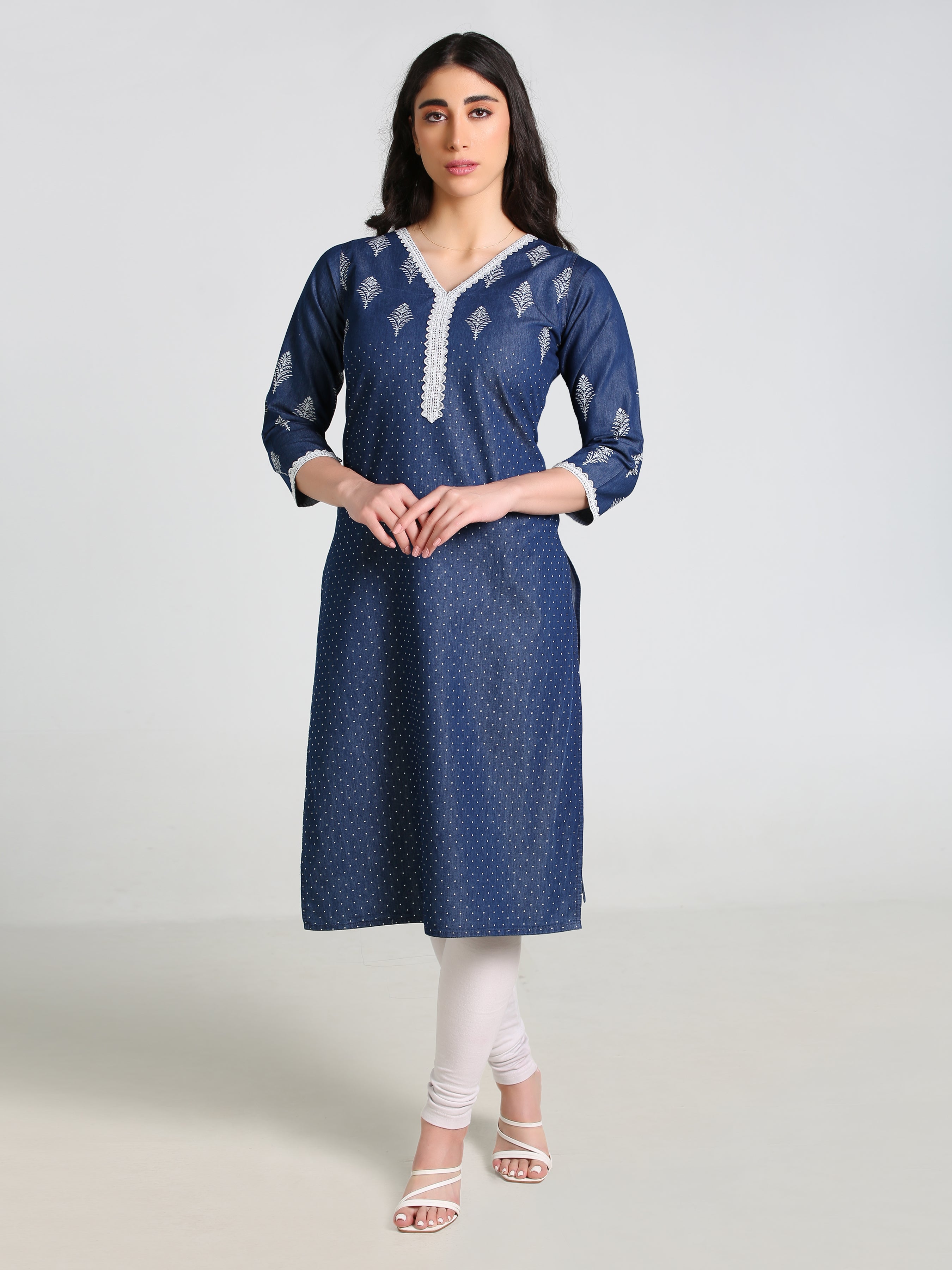 Denim Printed Butta with dotted print Lace Neck Sleeve bottom V Neck Kurta