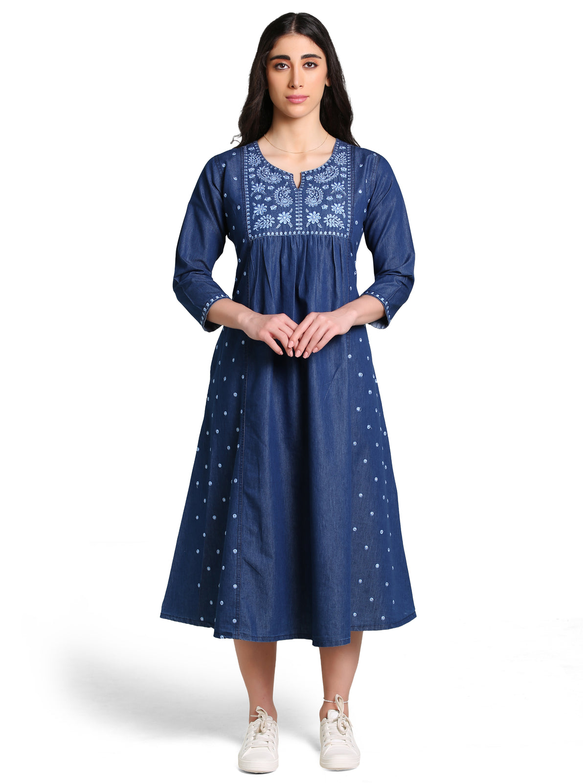Denim Embroidered Round Neck Tabla with pintux allover butta Kali A Line Dress