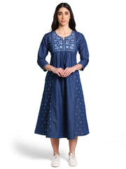 Denim Embroidered Round Neck Tabla with pintux allover butta Kali A Line Dress