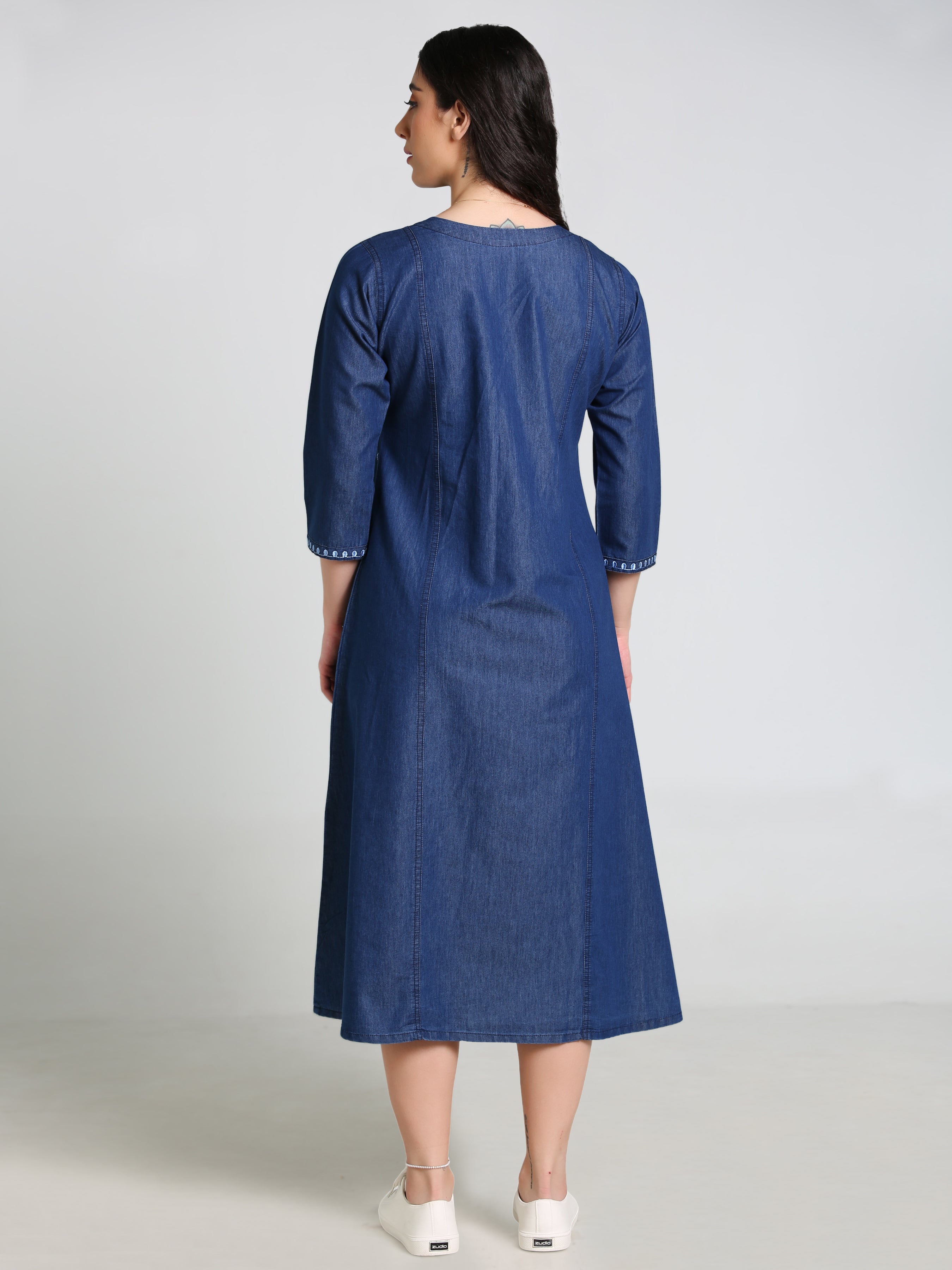 Denim Embroidered Round Neck Tabla with pintux allover butta Kali A Line Dress