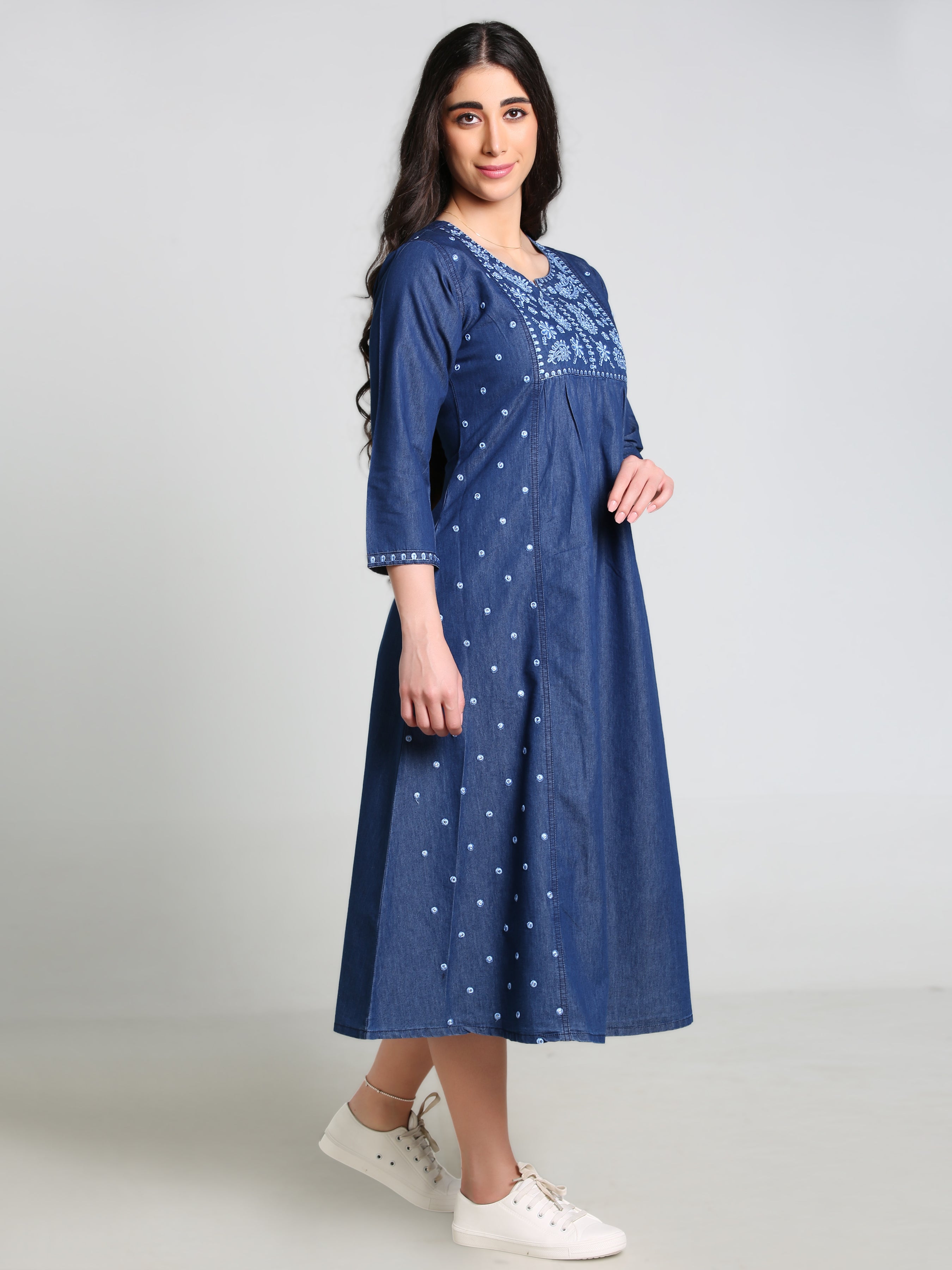 Denim Embroidered Round Neck Tabla with pintux allover butta Kali A Line Dress