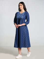 Denim Embroidered Round Neck Tabla with pintux allover butta Kali A Line Dress
