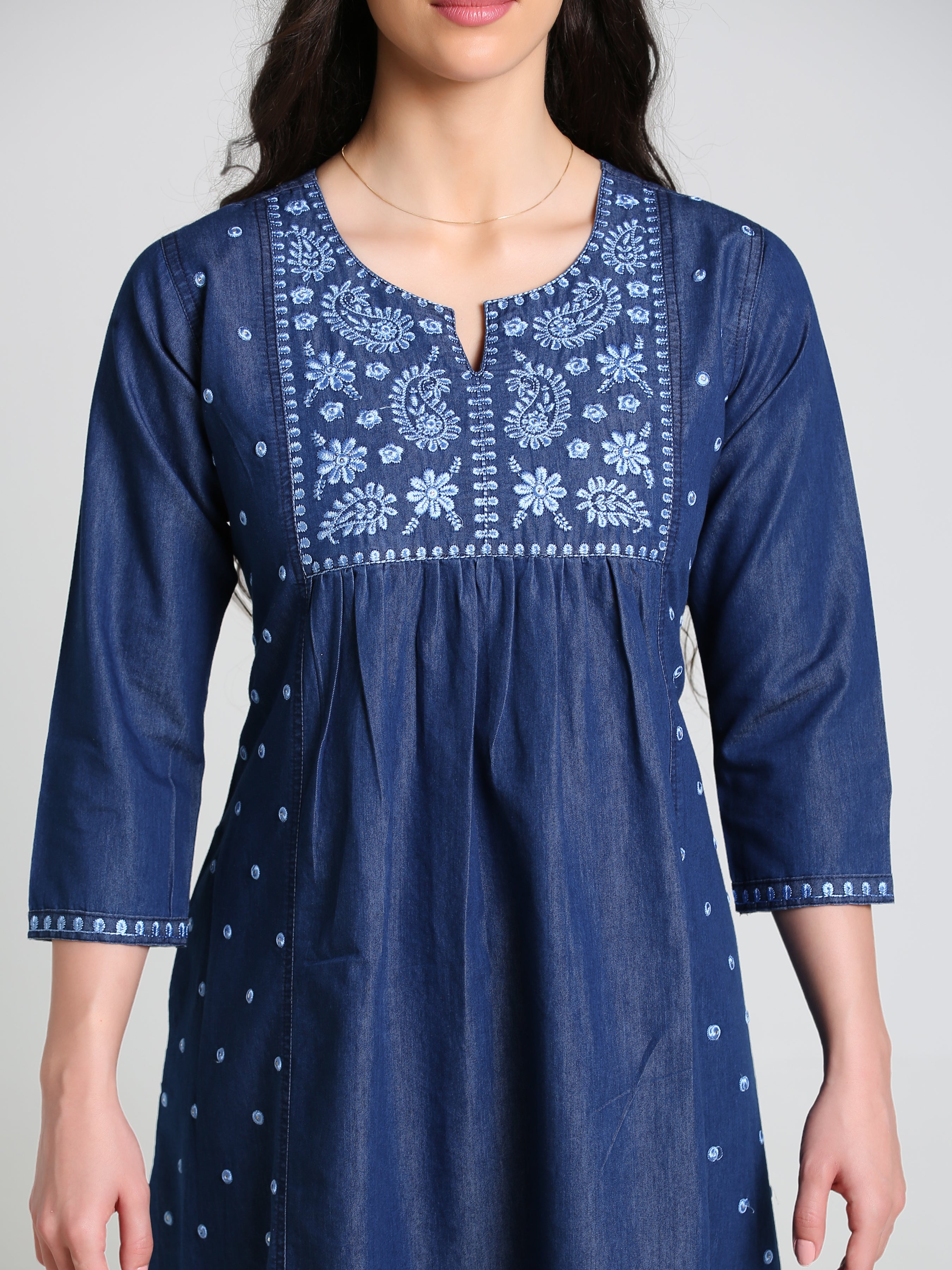 Denim Embroidered Round Neck Tabla with pintux allover butta Kali A Line Dress