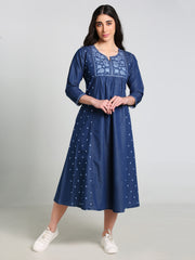 Denim Embroidered Round Neck Tabla with pintux allover butta Kali A Line Dress