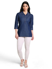 Denim Solid Kurta Patti Lace One-Pieces Collar Tunic Top
