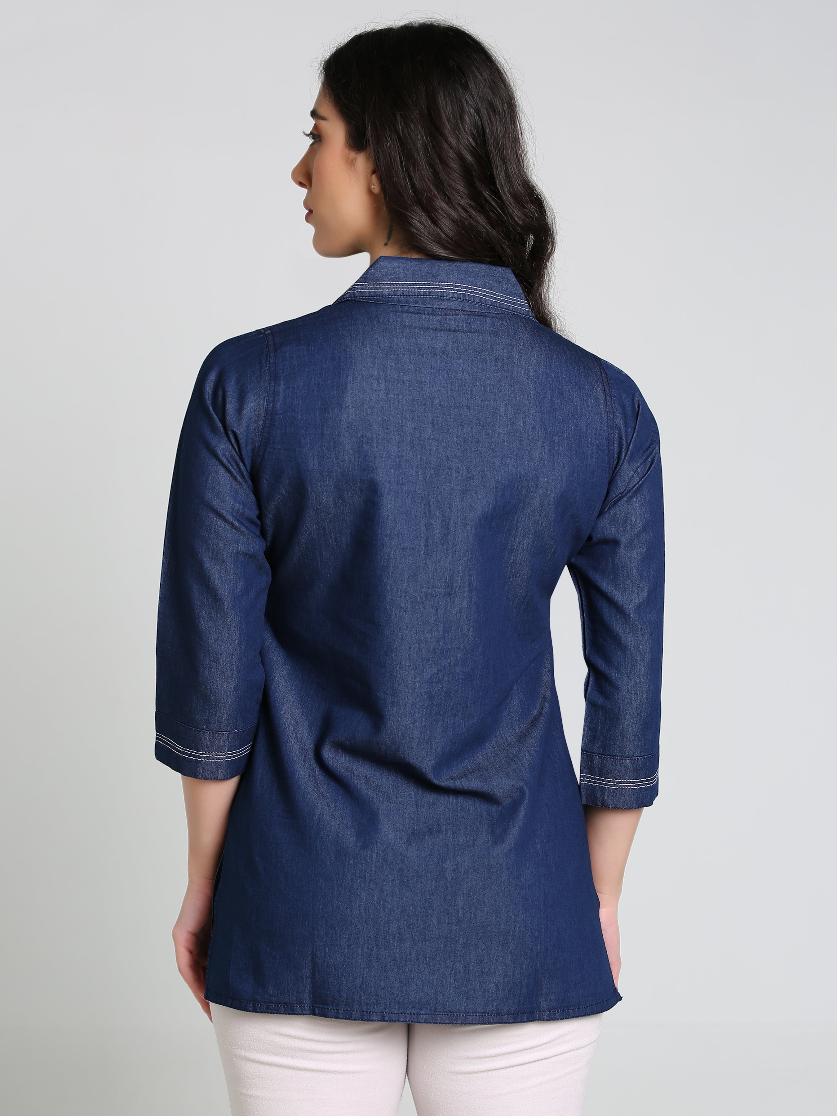 Denim Solid Kurta Patti Lace One-Pieces Collar Tunic Top