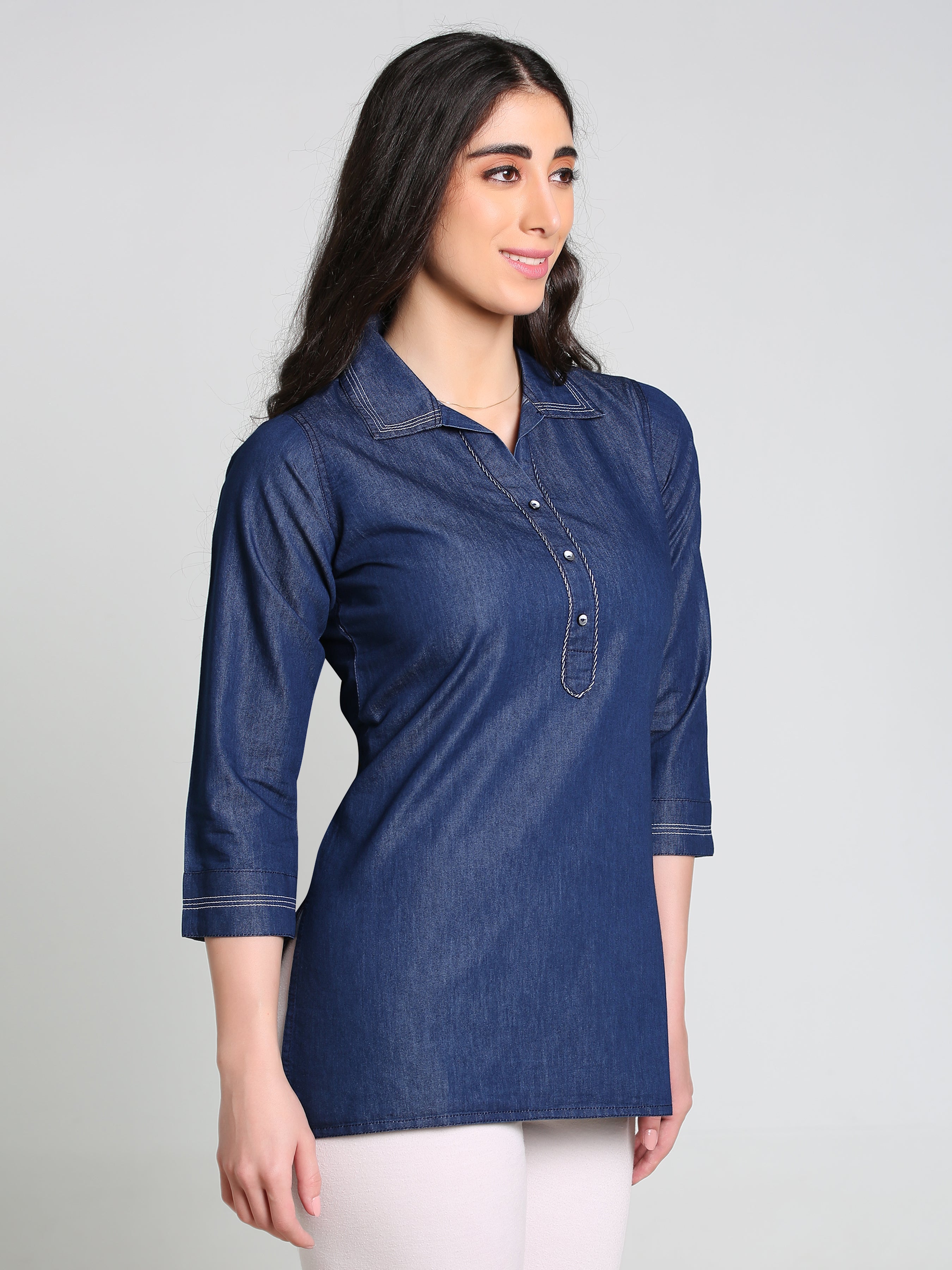 Denim Solid Kurta Patti Lace One-Pieces Collar Tunic Top