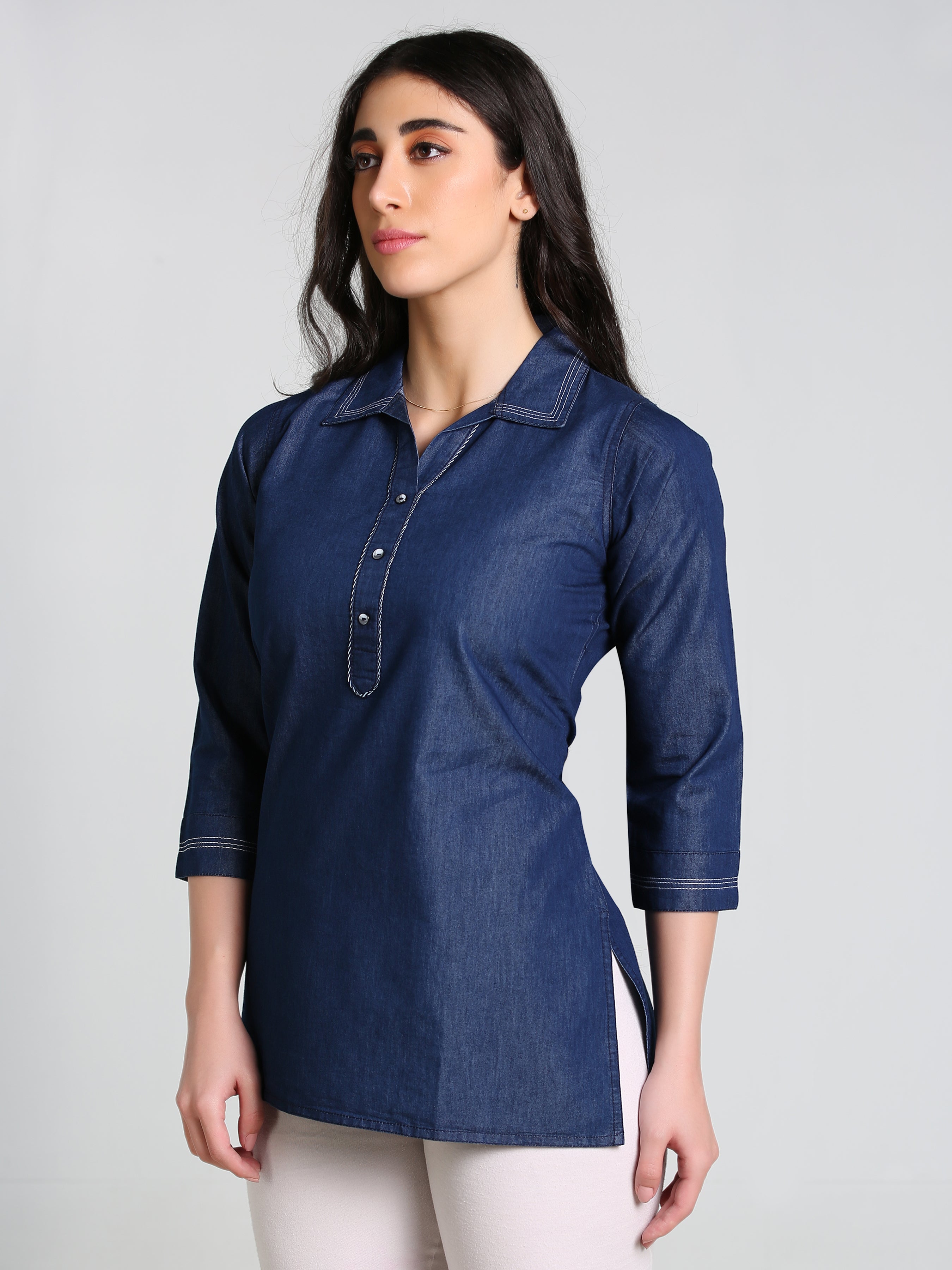 Denim Solid Kurta Patti Lace One-Pieces Collar Tunic Top
