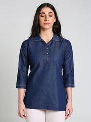 Denim Solid Kurta Patti Lace One-Pieces Collar Tunic Top