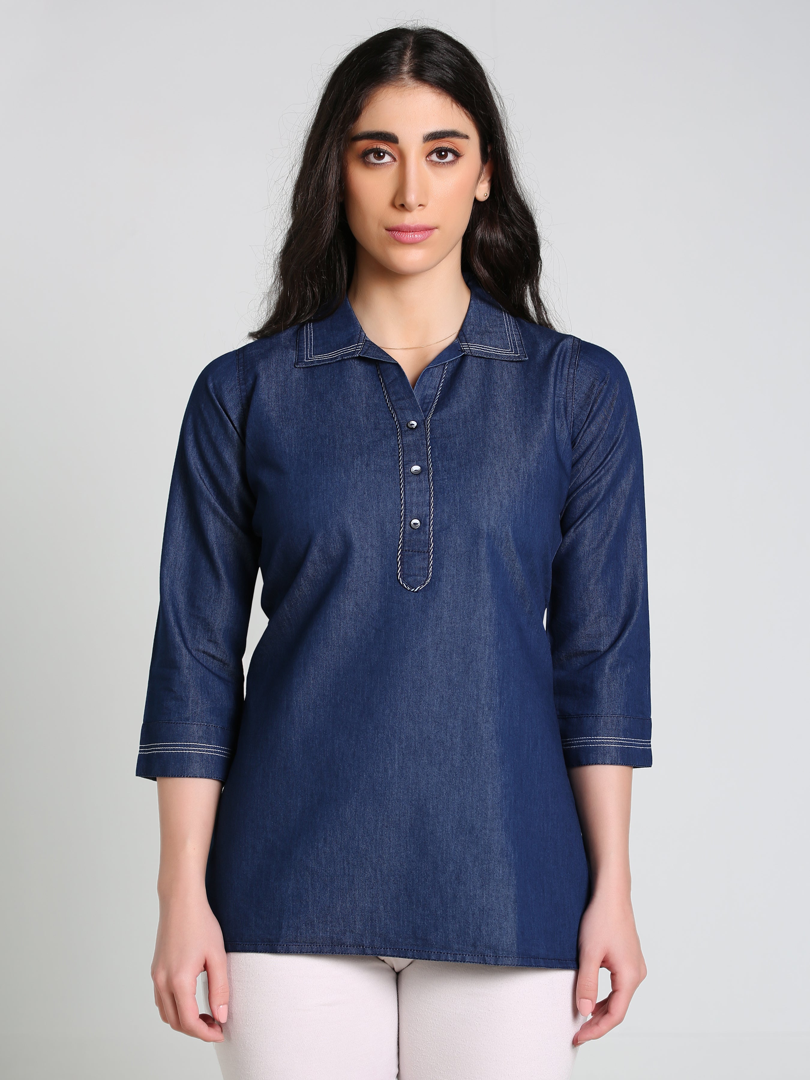 Denim Solid Kurta Patti Lace One-Pieces Collar Tunic Top