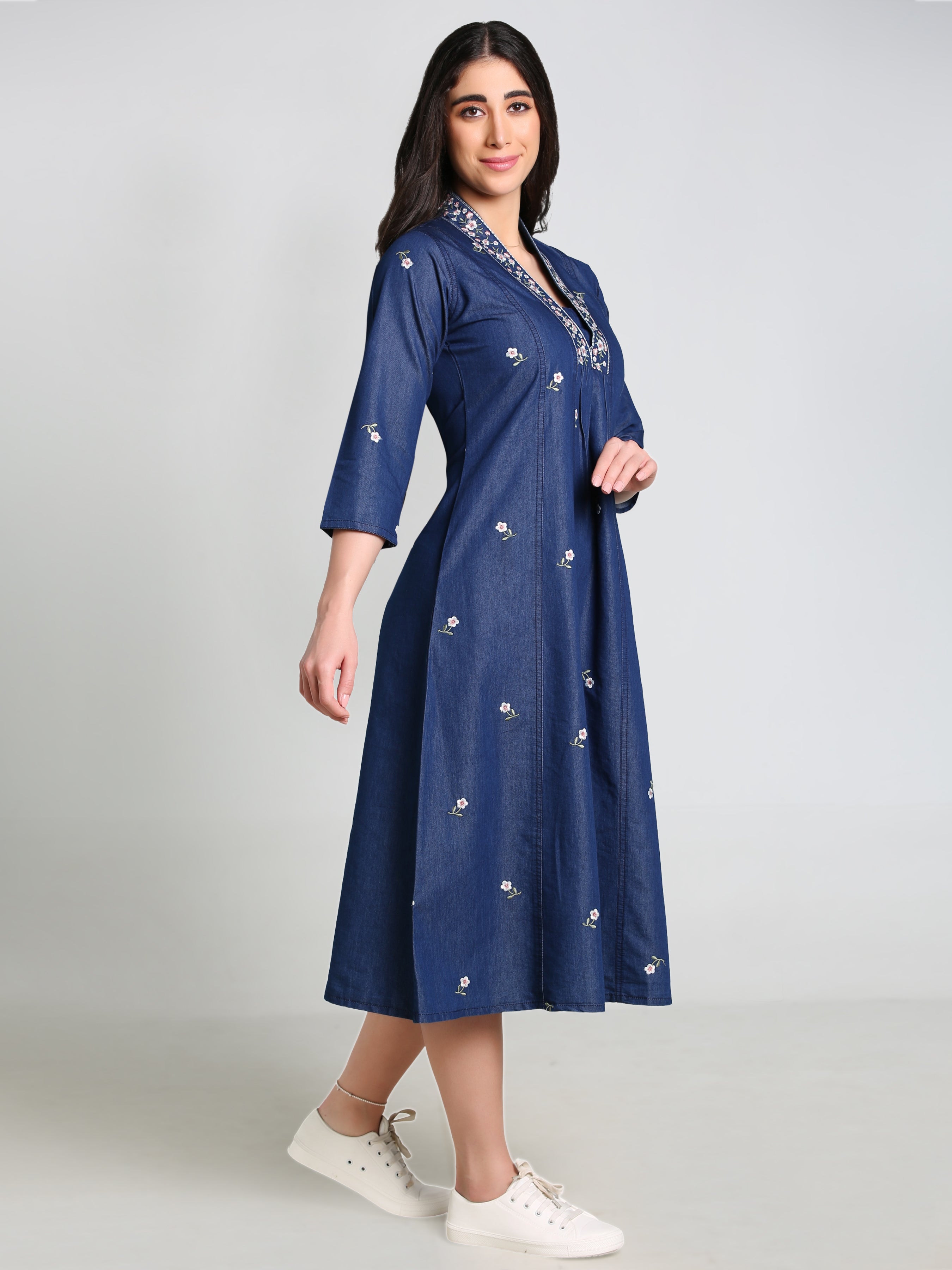 Denim Hi Neck Embroidered with pintux allover butta Kali A Line Flair Dress