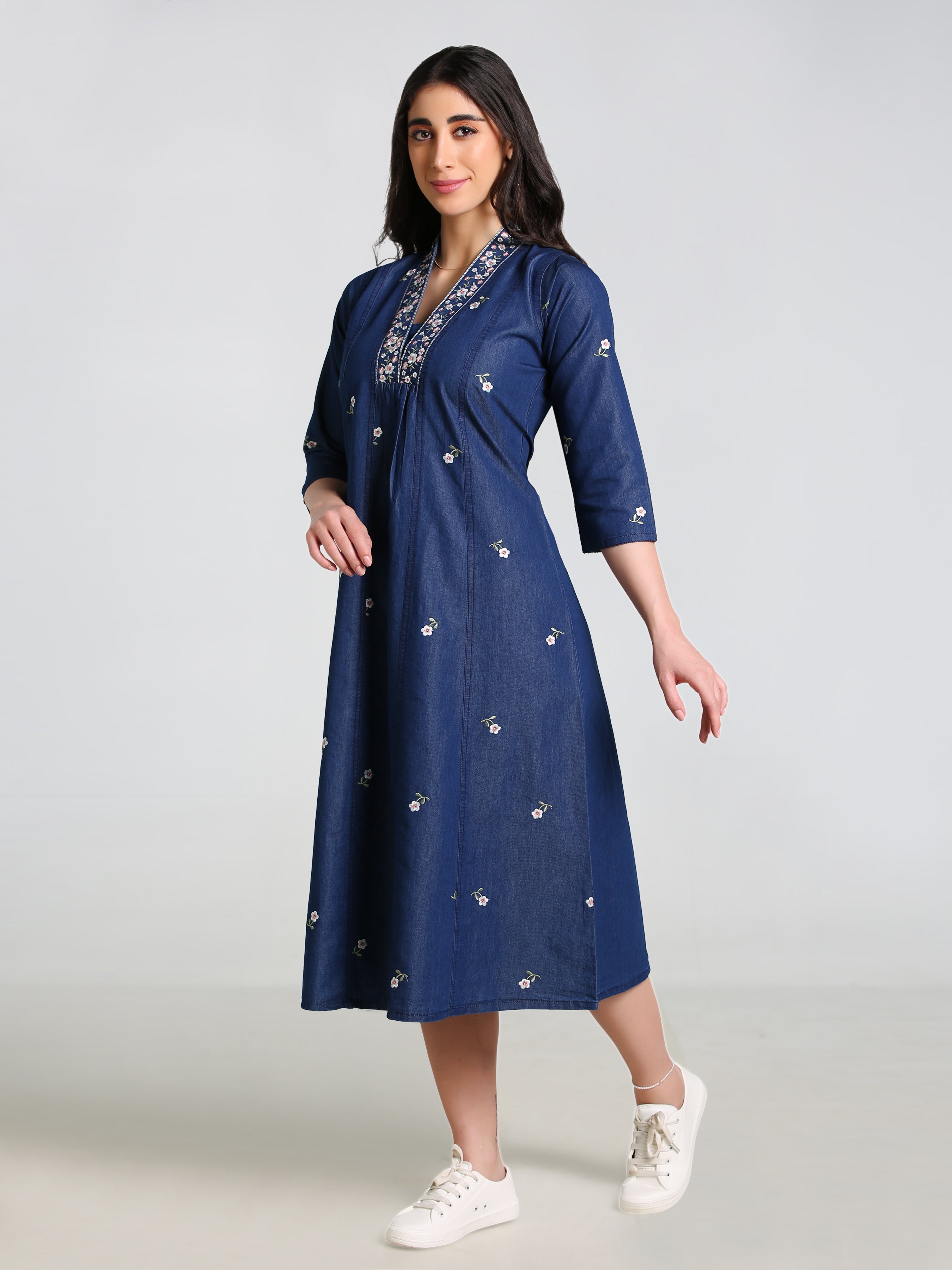 Denim Hi Neck Embroidered with pintux allover butta Kali A Line Flair Dress
