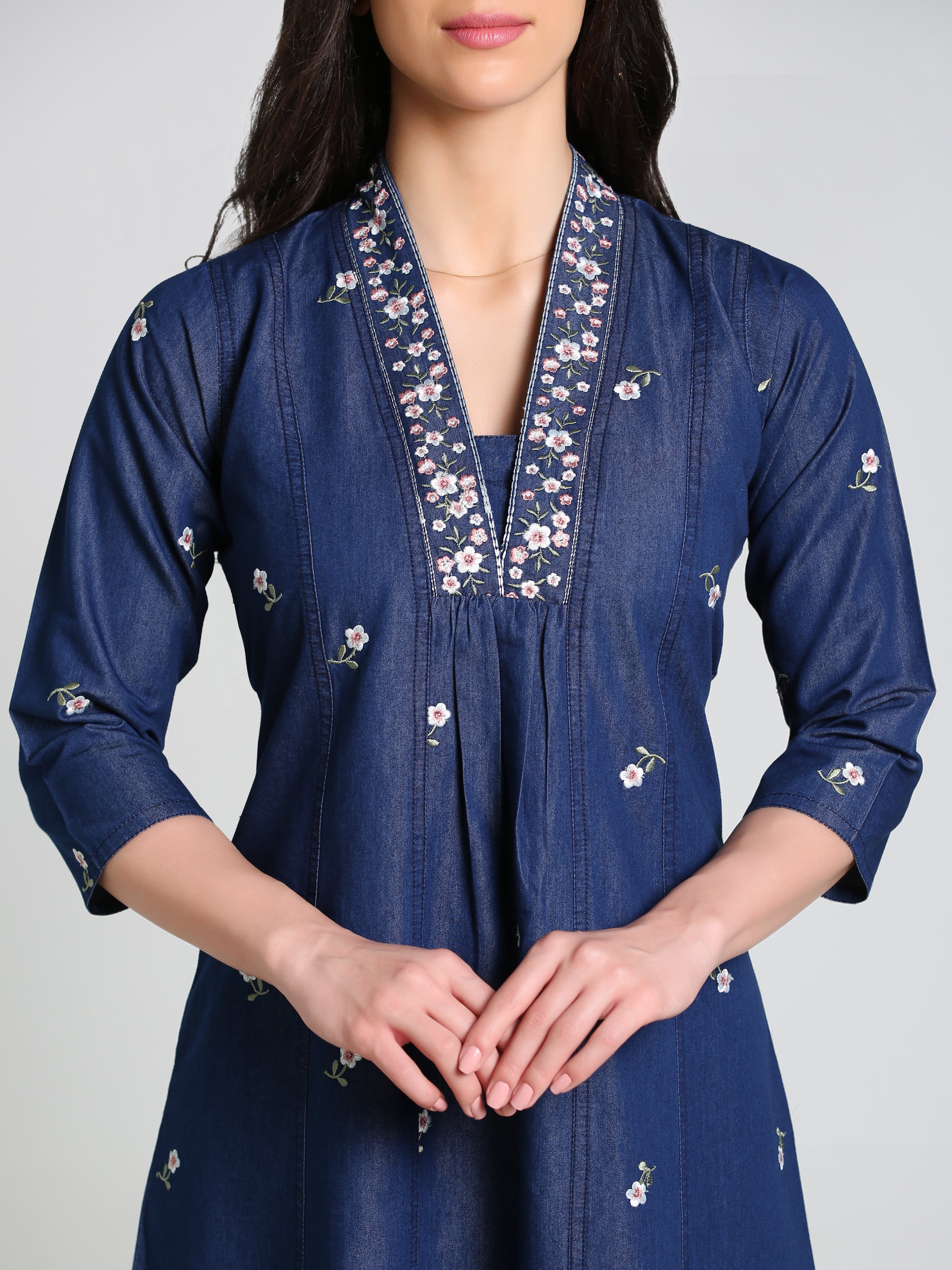Denim Hi Neck Embroidered with pintux allover butta Kali A Line Flair Dress