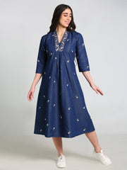 Denim Hi Neck Embroidered with pintux allover butta Kali A Line Flair Dress