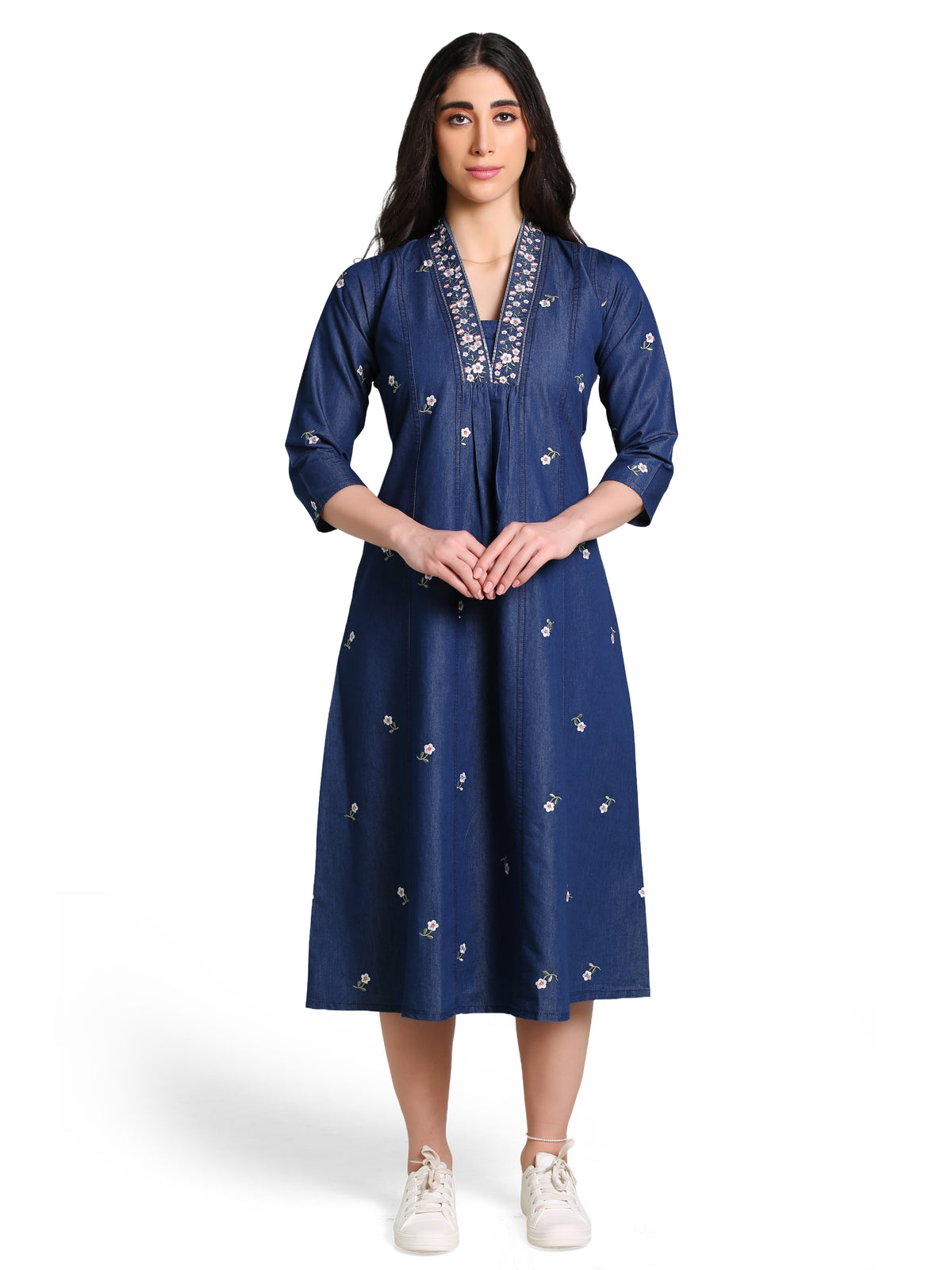 Denim Hi Neck Embroidered with pintux allover butta Kali A Line Flair Dress