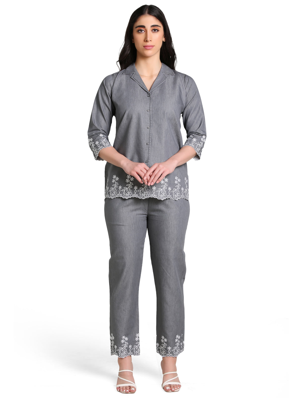 Grey Denim Embroidred Cut work Co-ord Set