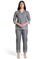 Grey Denim Embroidred Cut work Co-ord Set