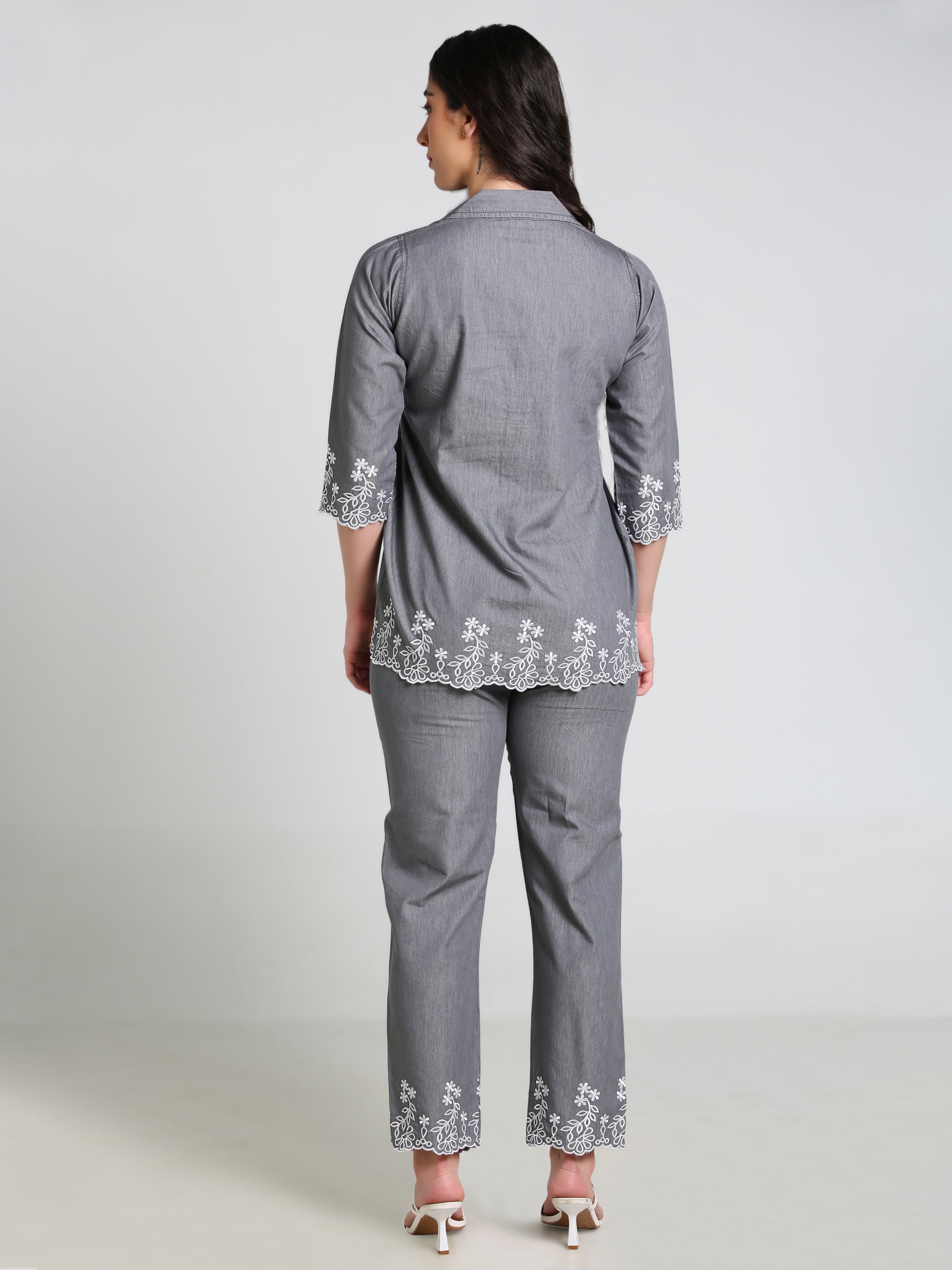 Grey Denim Embroidred Cut work Co-ord Set