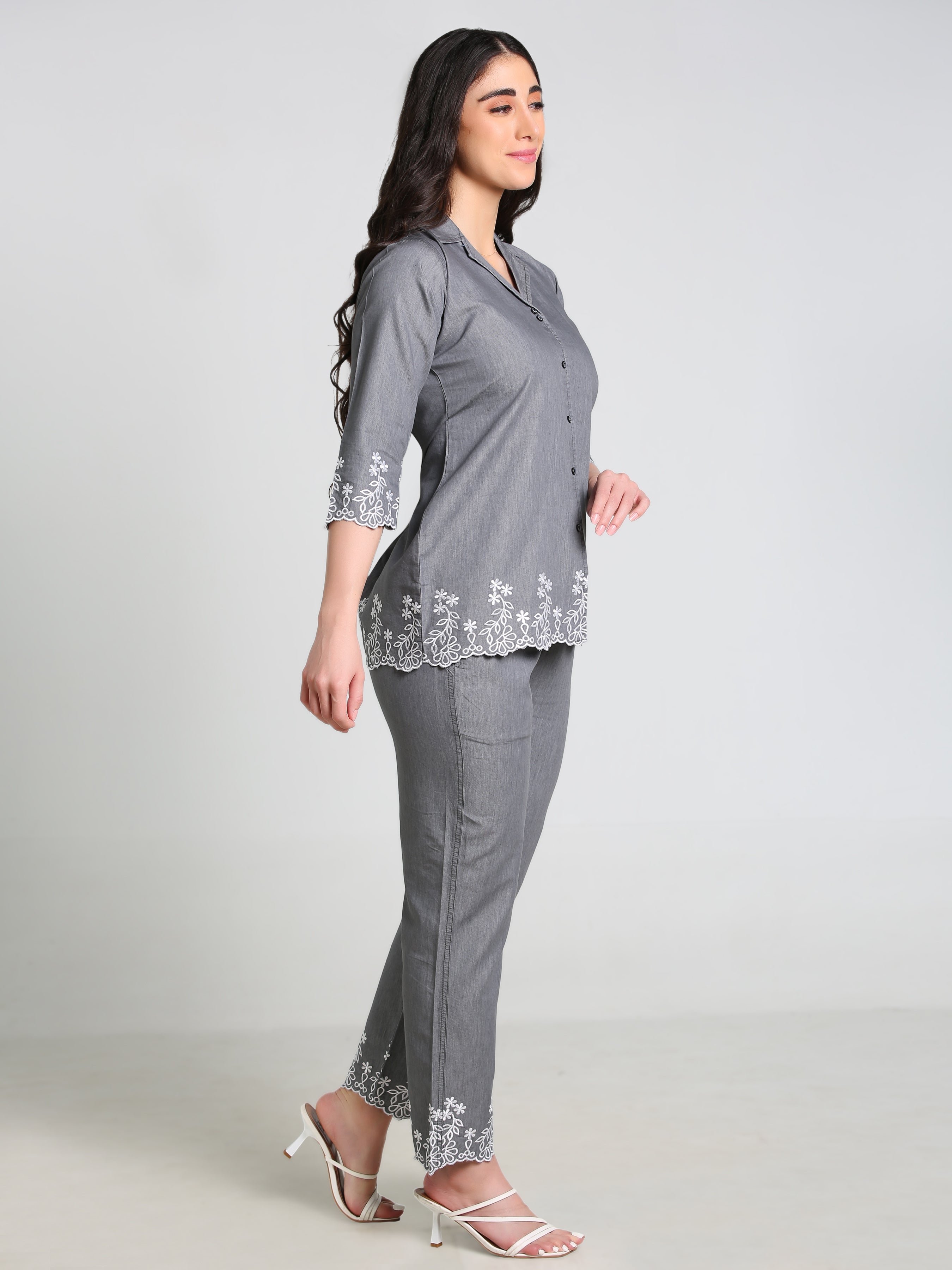 Grey Denim Embroidred Cut work Co-ord Set