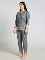 Grey Denim Embroidred Cut work Co-ord Set