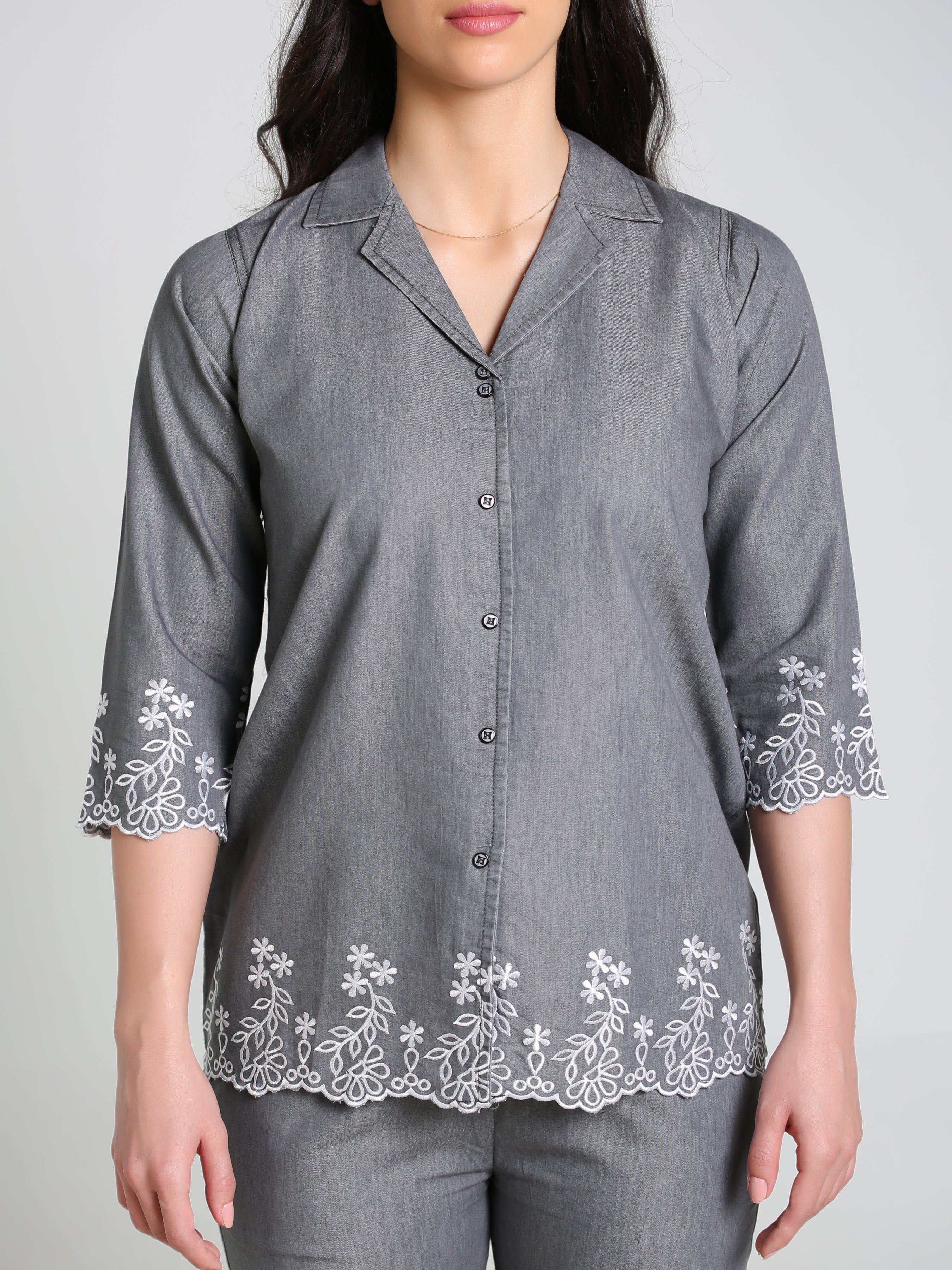 Grey Denim Embroidred Cut work Co-ord Set