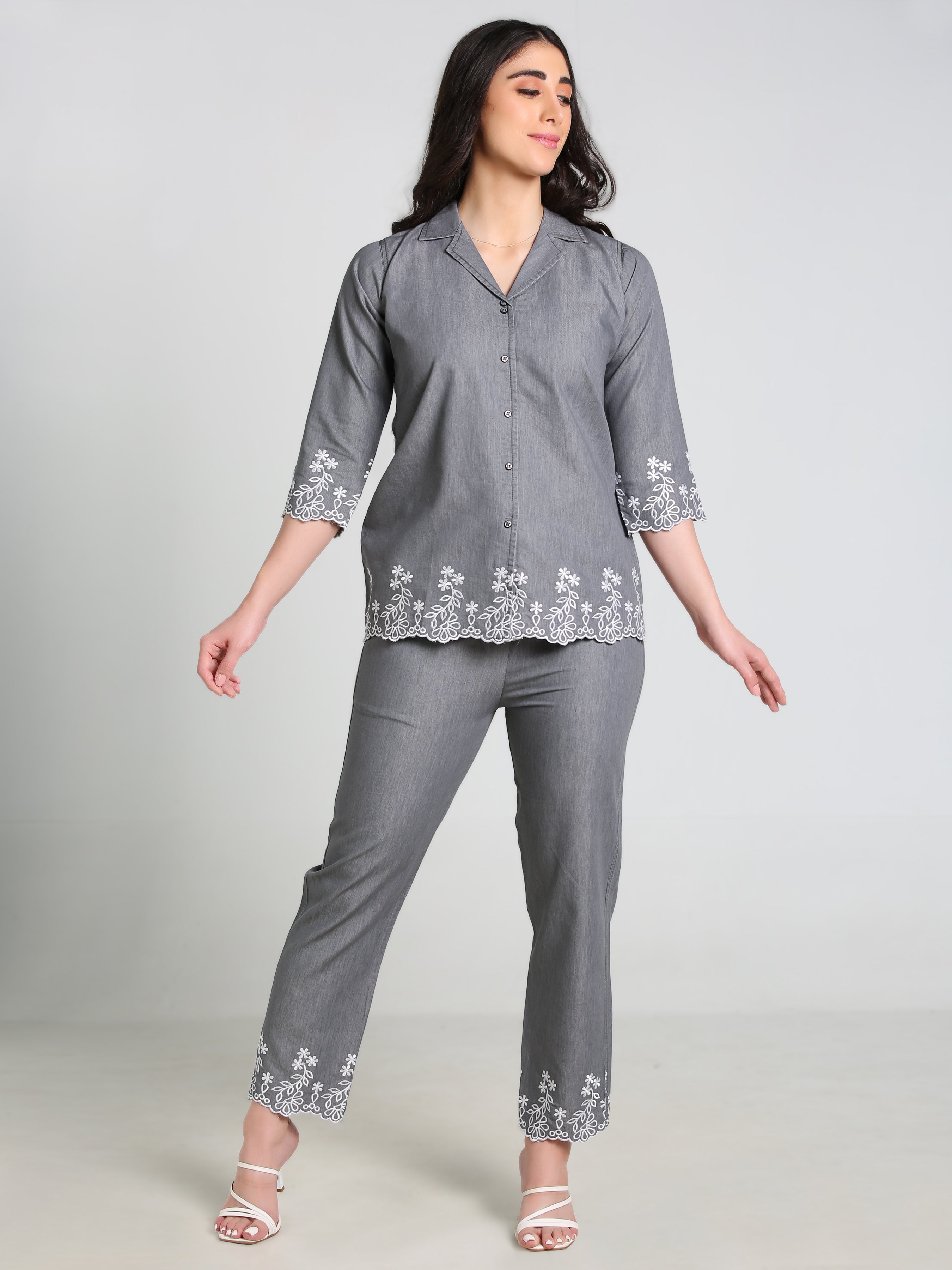 Grey Denim Embroidred Cut work Co-ord Set