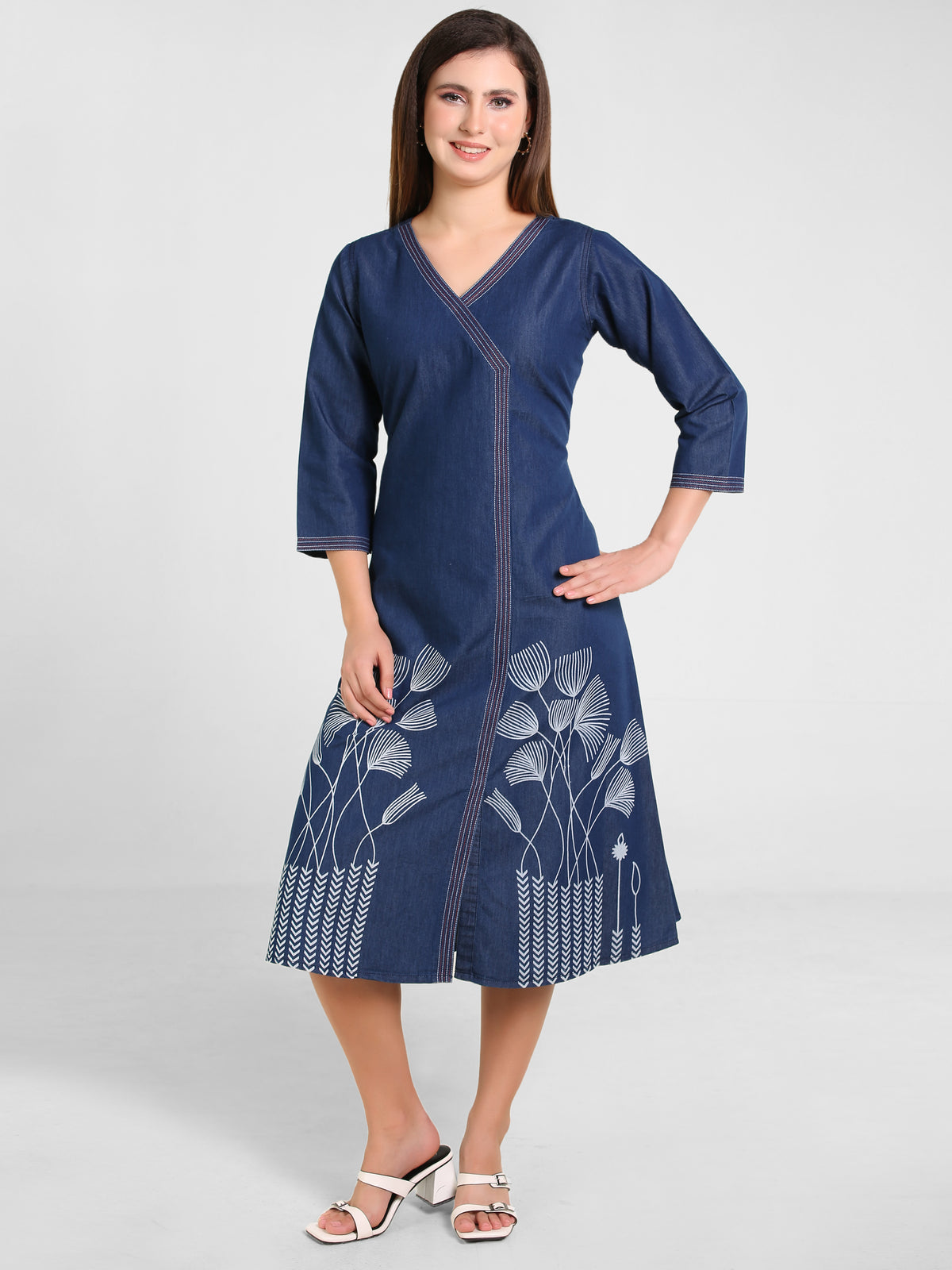 Havva Fashion women’s printed denim A-line dress with flared silhouette