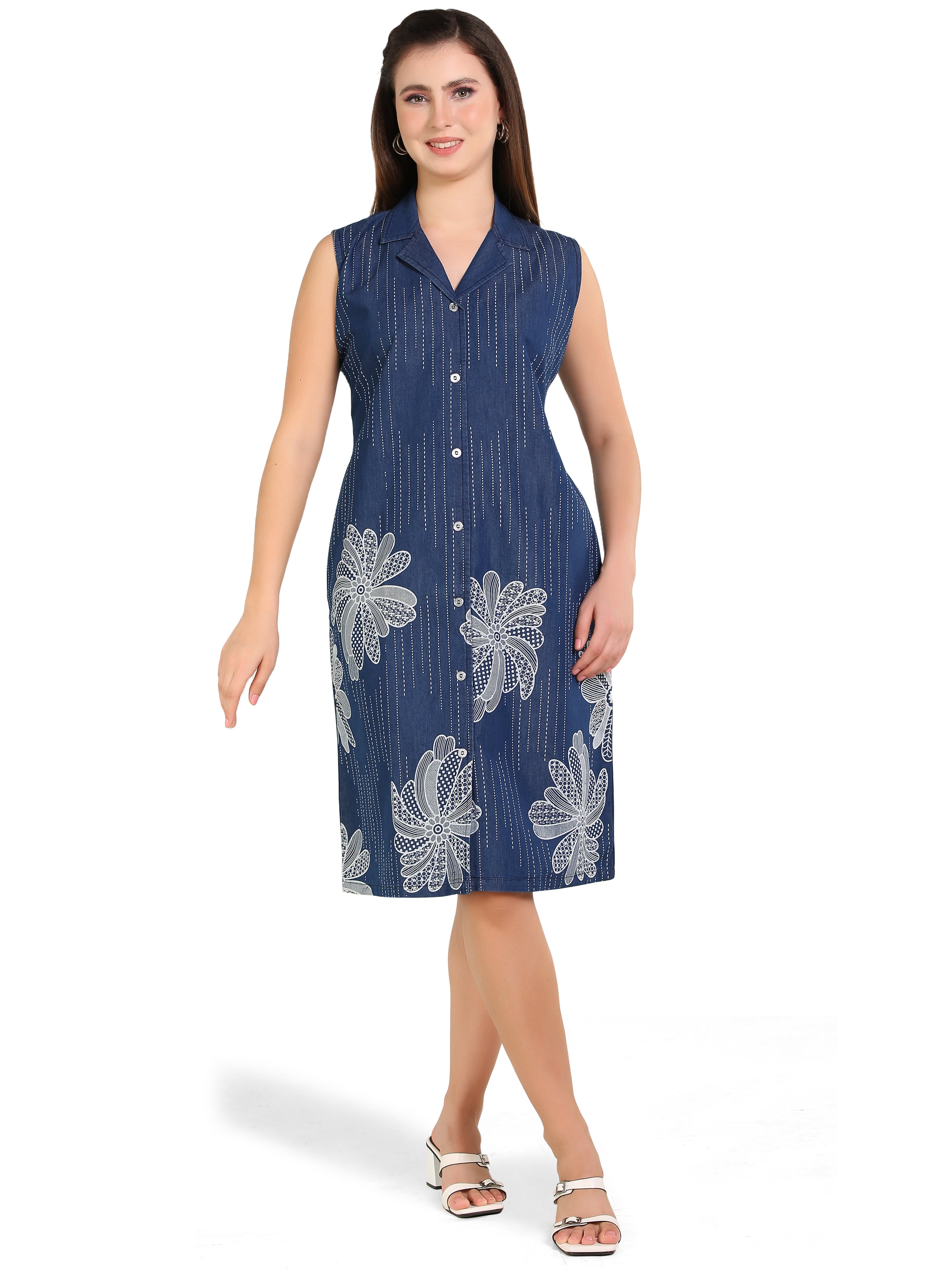 Havva Fashion women’s printed sleeveless denim A-line dress with button-down style