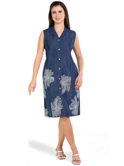 Havva Fashion women’s printed sleeveless denim A-line dress with button-down style