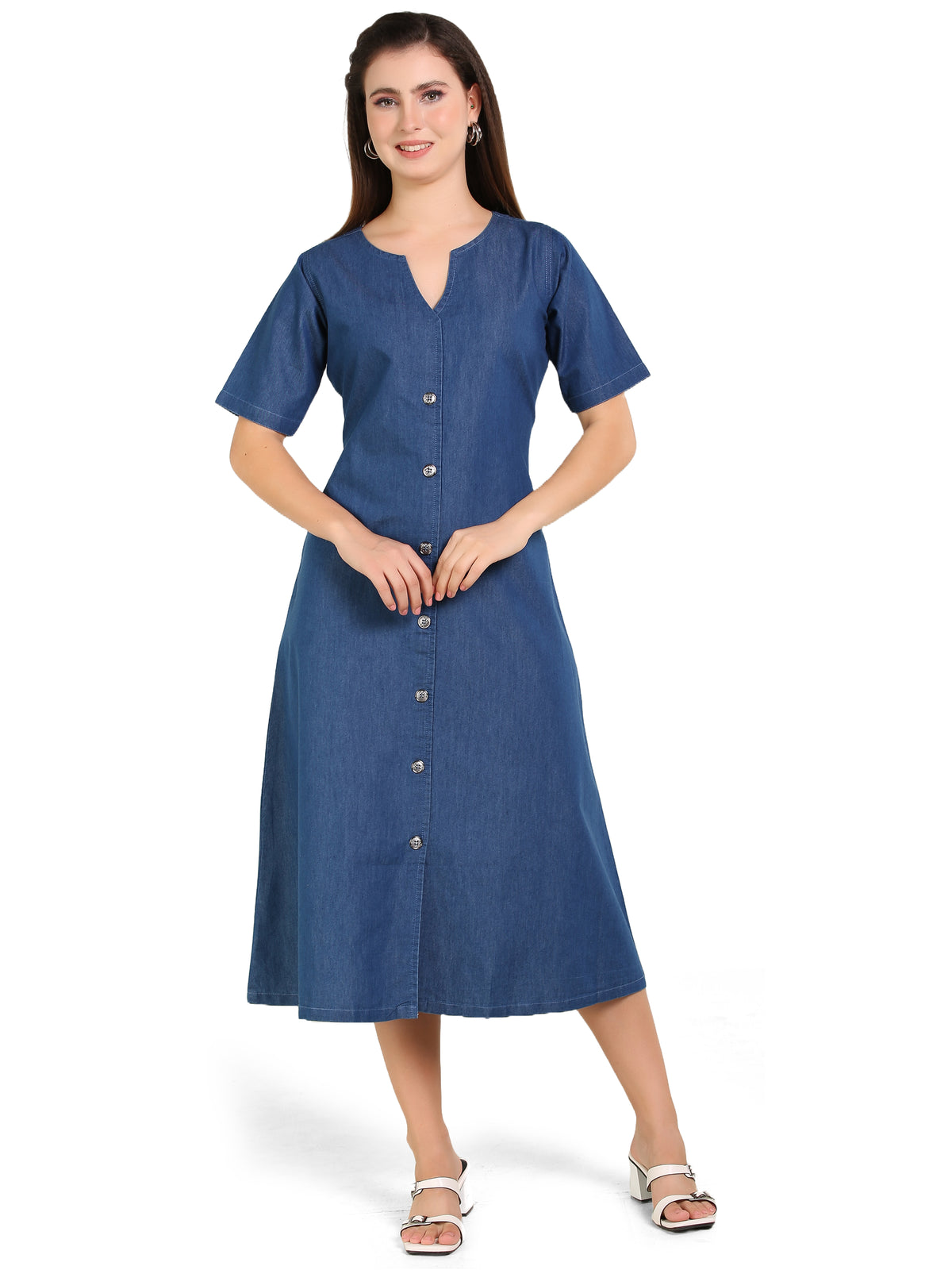 Stylish V-Neck A-Line Denim Dress for Women