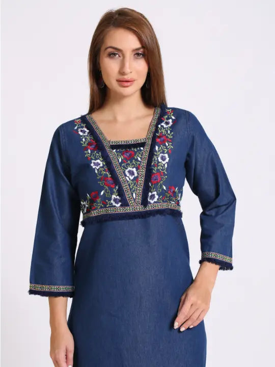 Blue Denim Embroidered Kurta