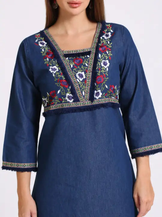 Blue Denim Embroidered Kurta