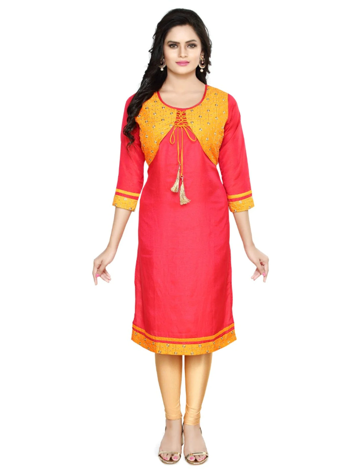 Red Embroided Straight South Silk Kurta