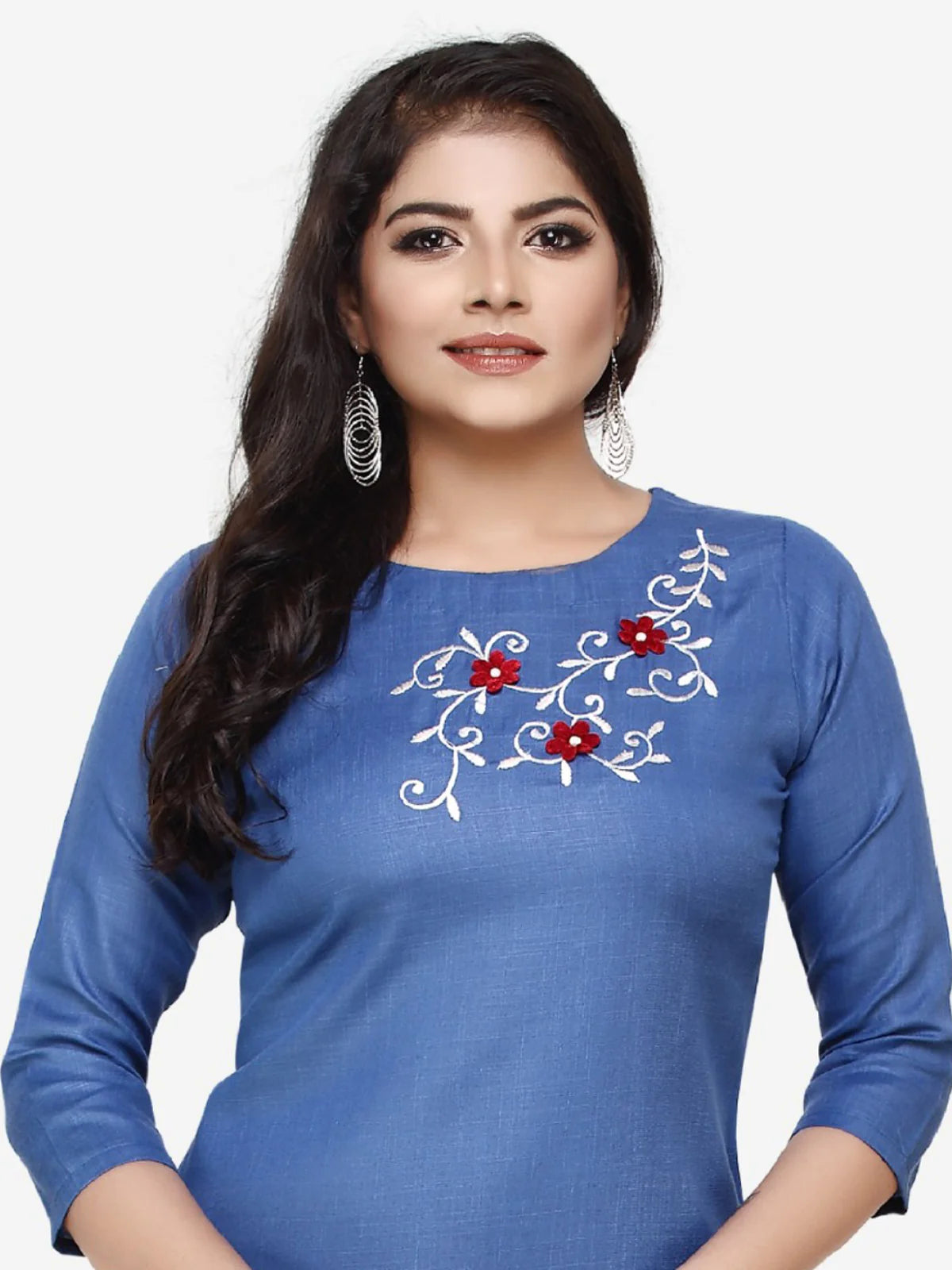 Blue Embroided Straight Cotton Kurta