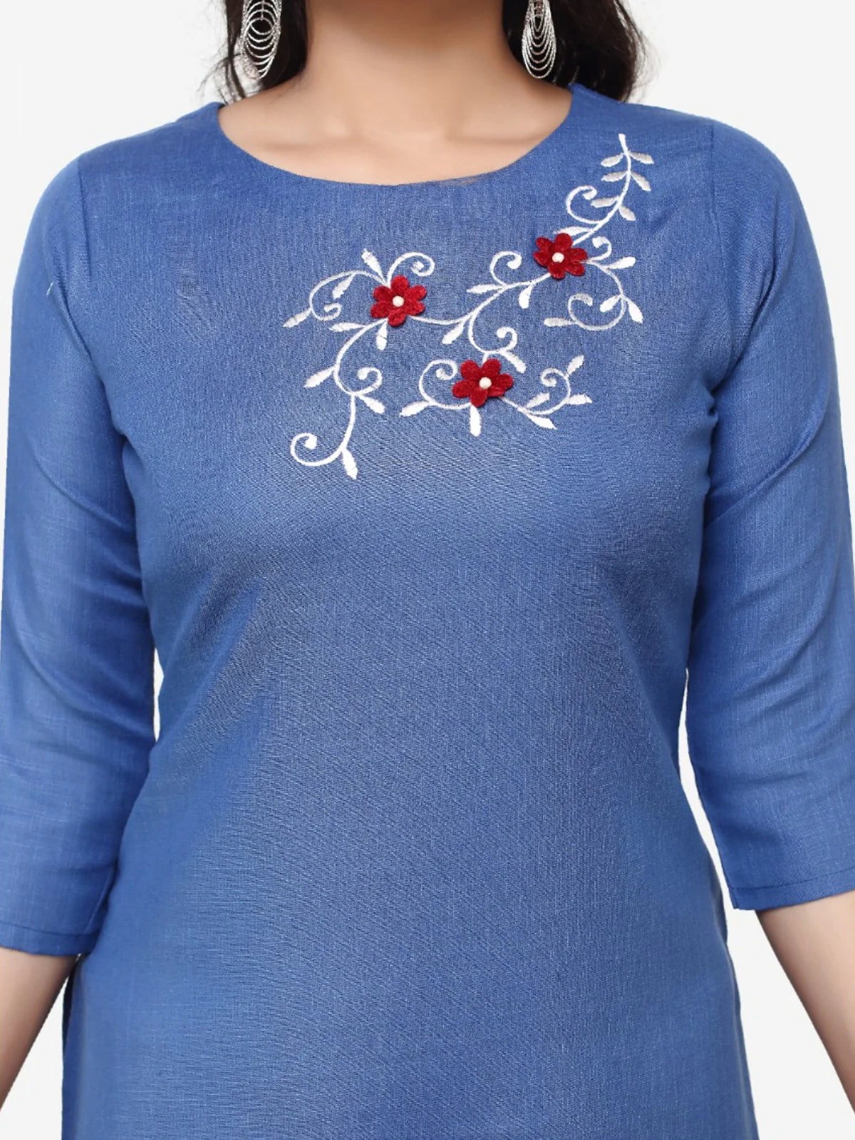 Blue Embroided Straight Cotton Kurta