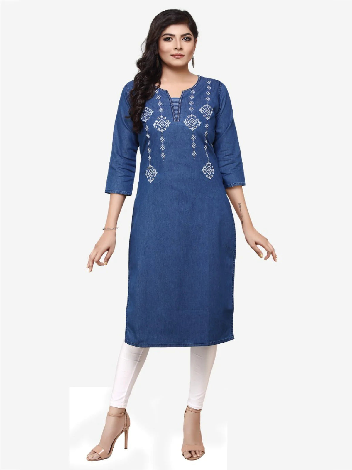 Blue Denim Embroidered Kurta
