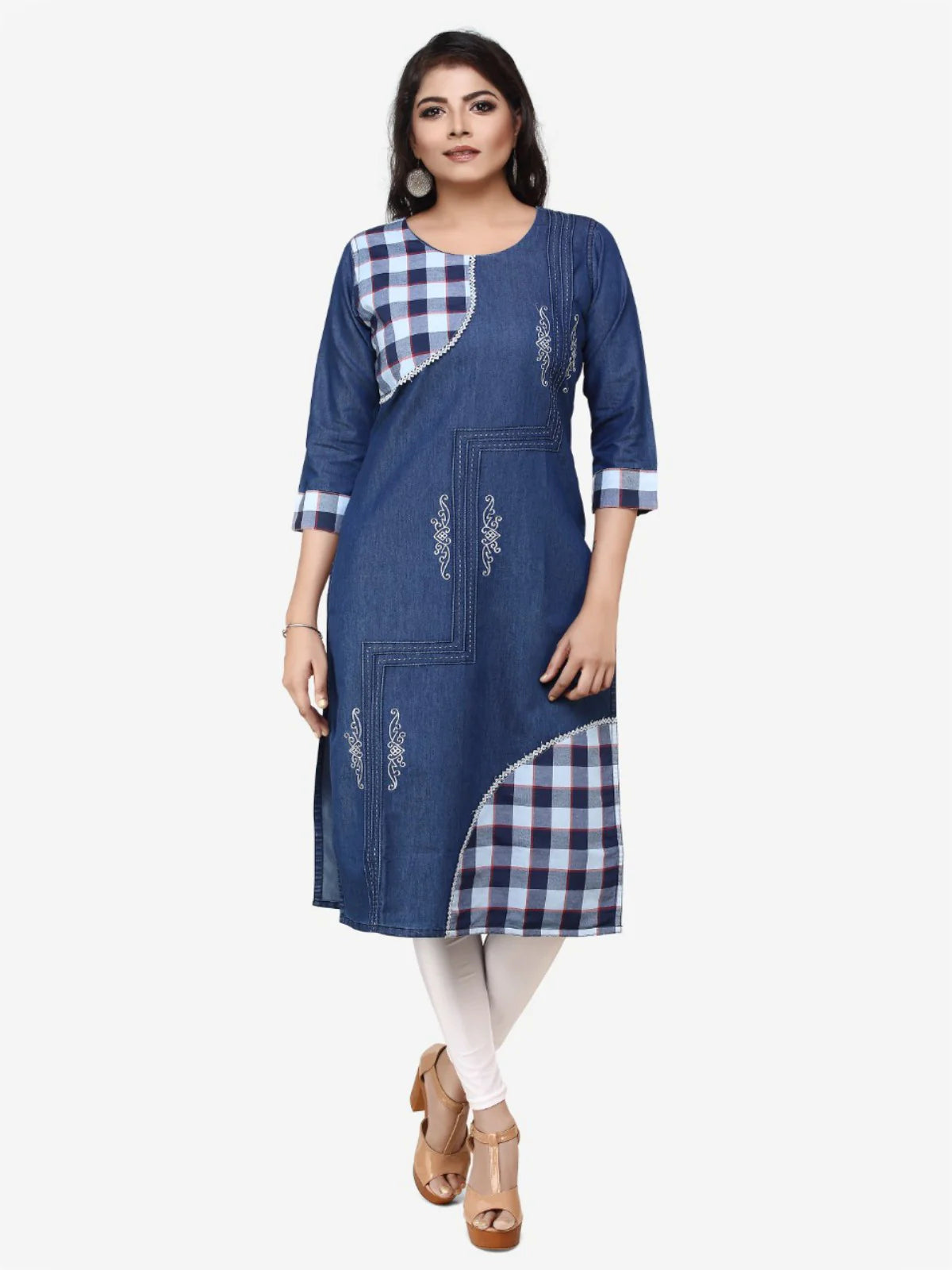Blue Denim Embroidered Kurta