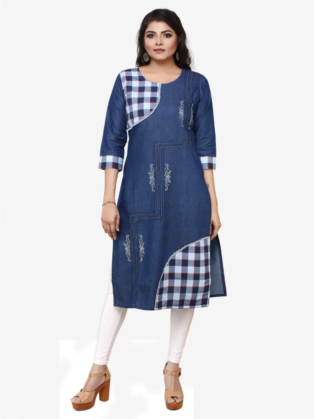 Blue Denim Embroidered Kurta