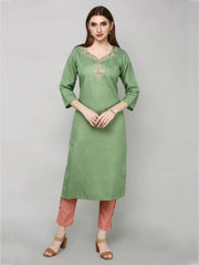 Green Embroided Straight Cotton Kurta